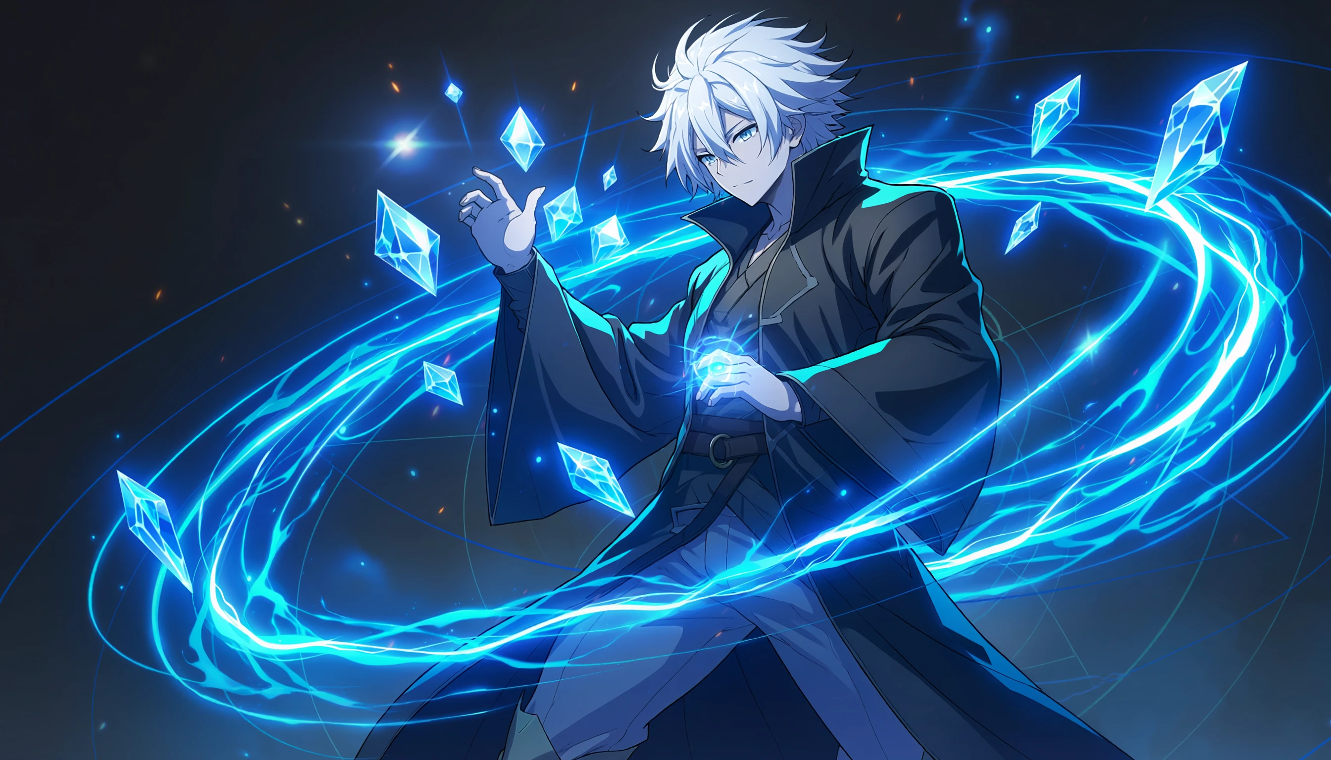 Anime Wizard Conjuring Ice Crystals and Energy Rings wallpaper 2688x1536