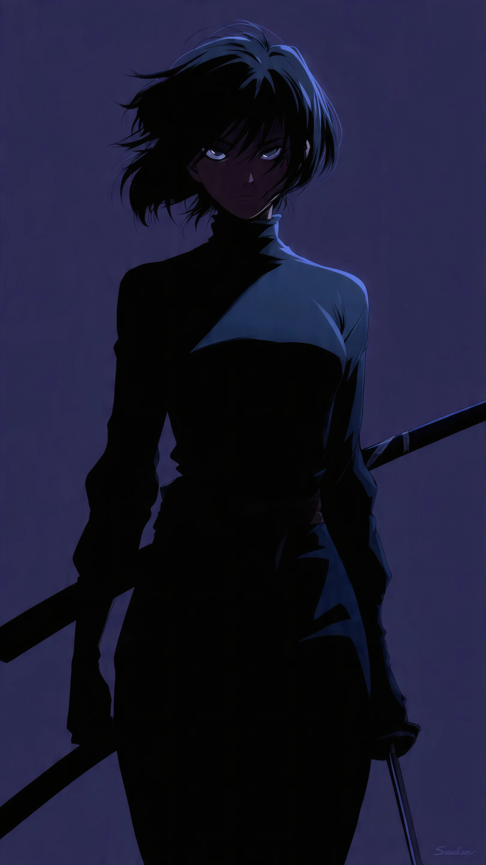 Anime Woman in Shadow with Katana on Purple Background
