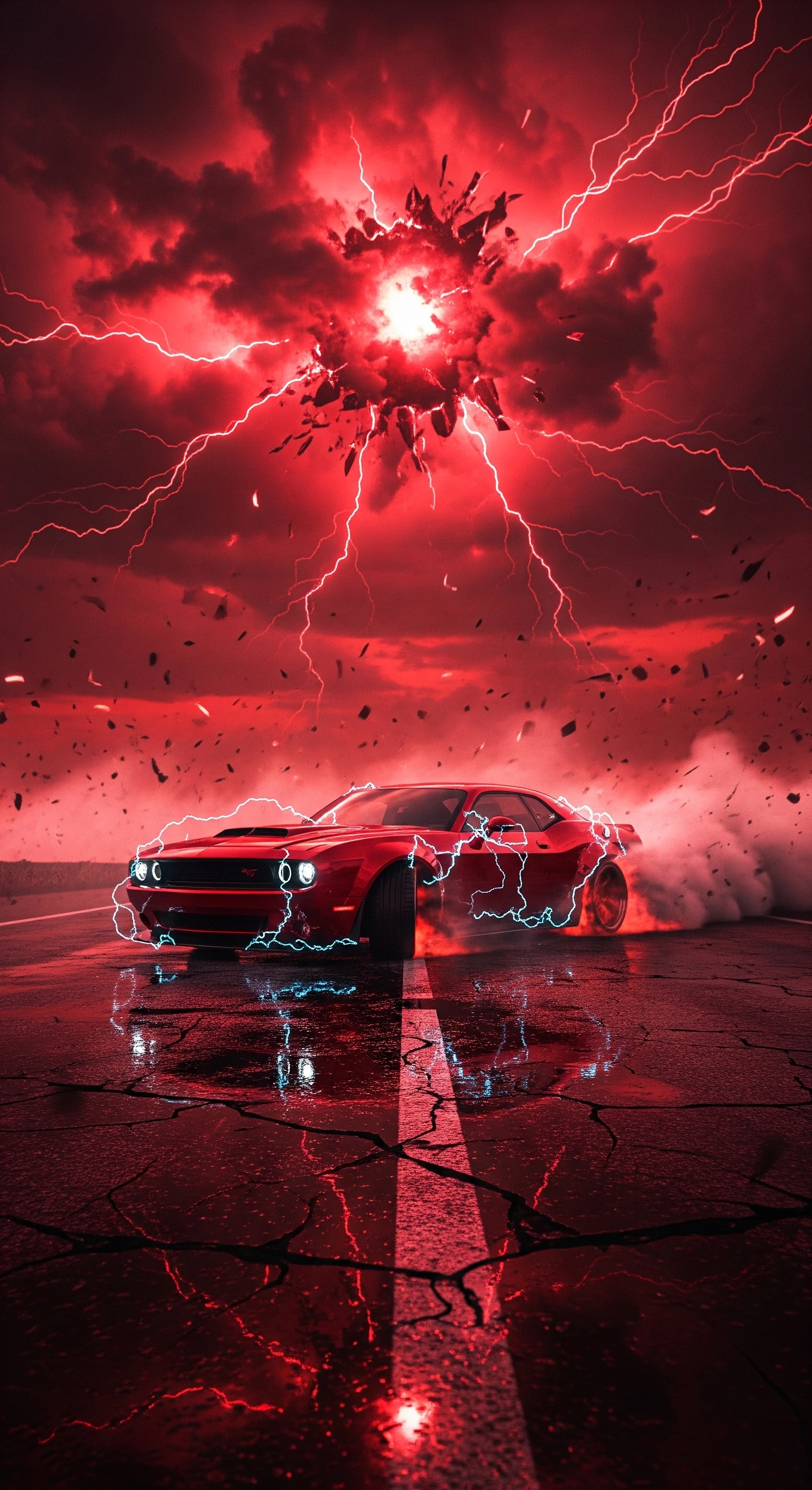 Apocalyptic Red Challenger Drifting Under Lightning Storm