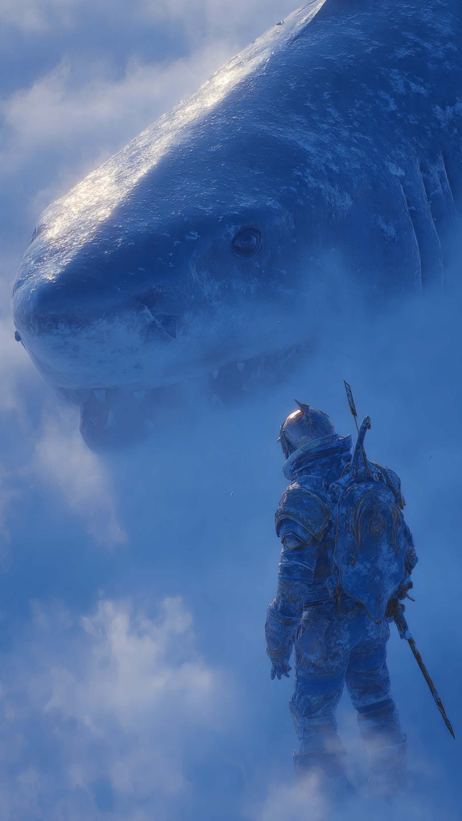 Armored Knight Confronts a Massive Sky Shark in the Clouds