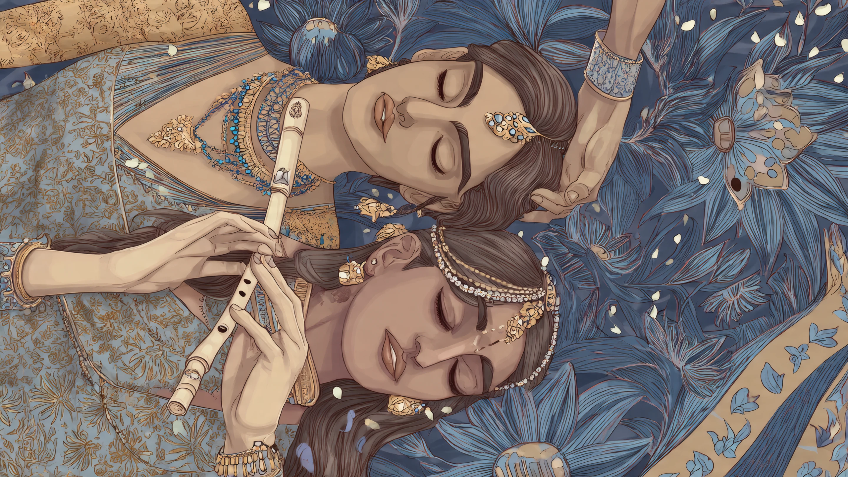 Art Nouveau Illustration of Two Women with Flutes