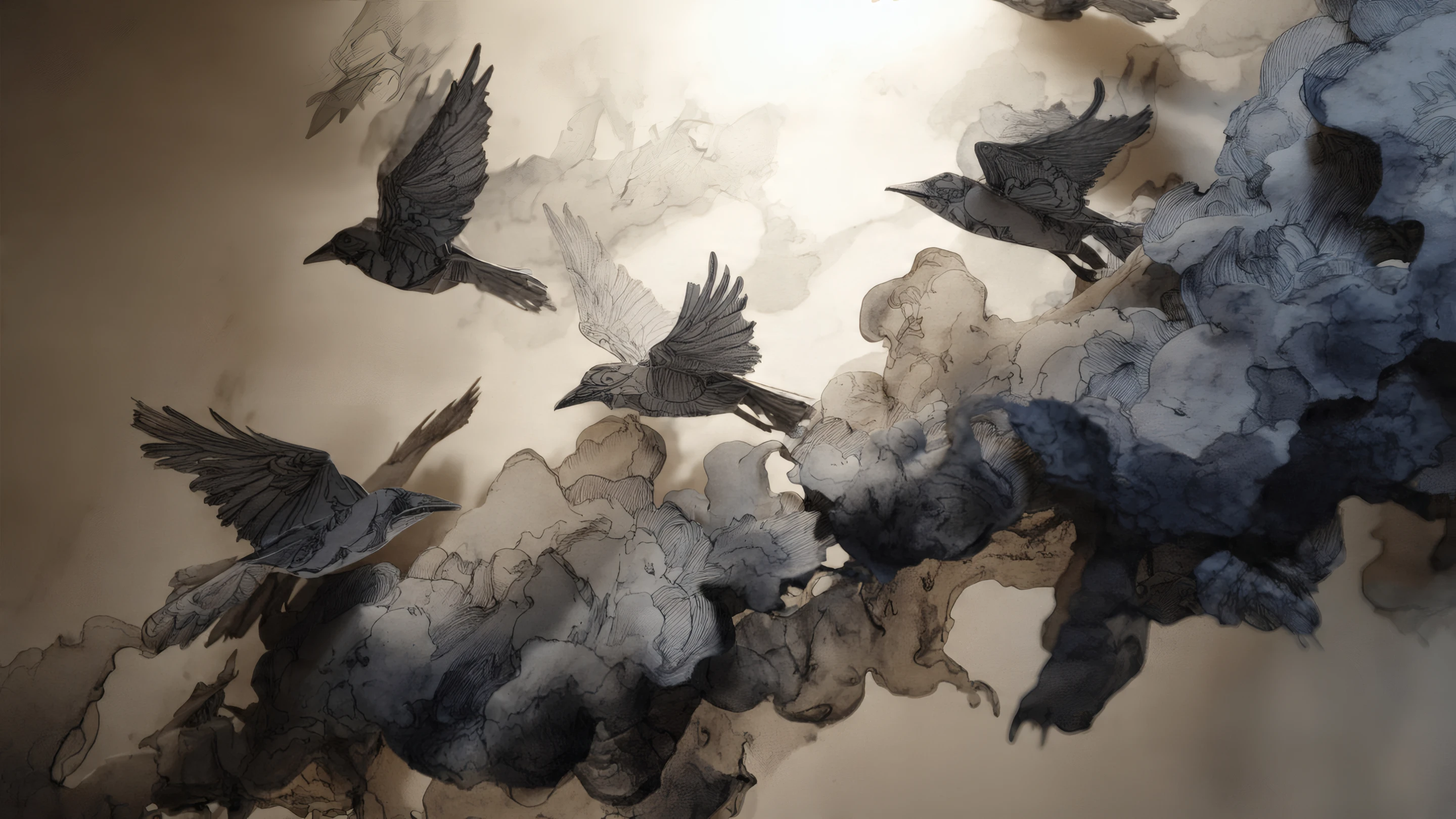 Artistic Crows Soaring Through Cloudy Sky Illustration
