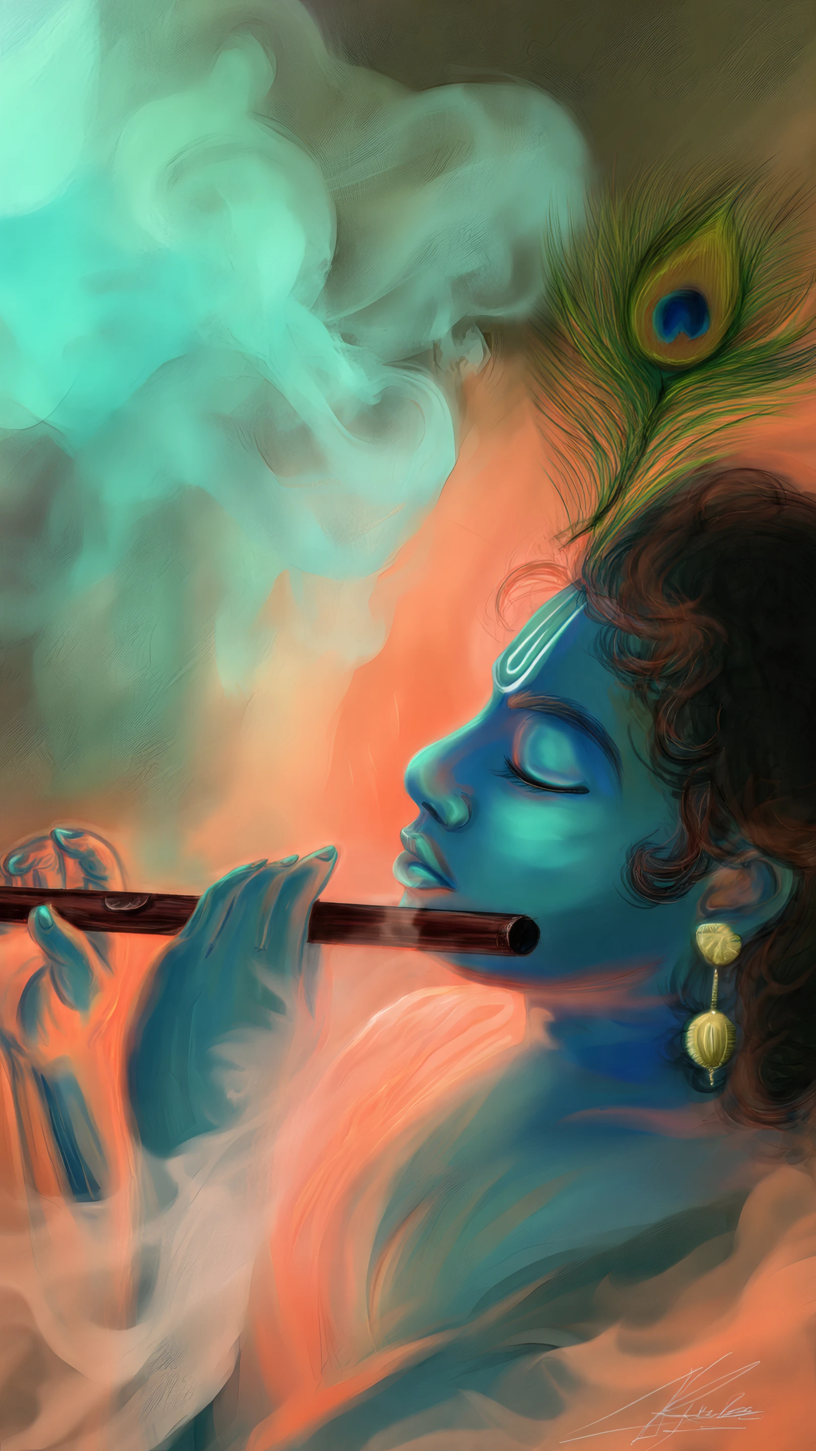Artistic Depiction of a Flute Player in Blue Hues