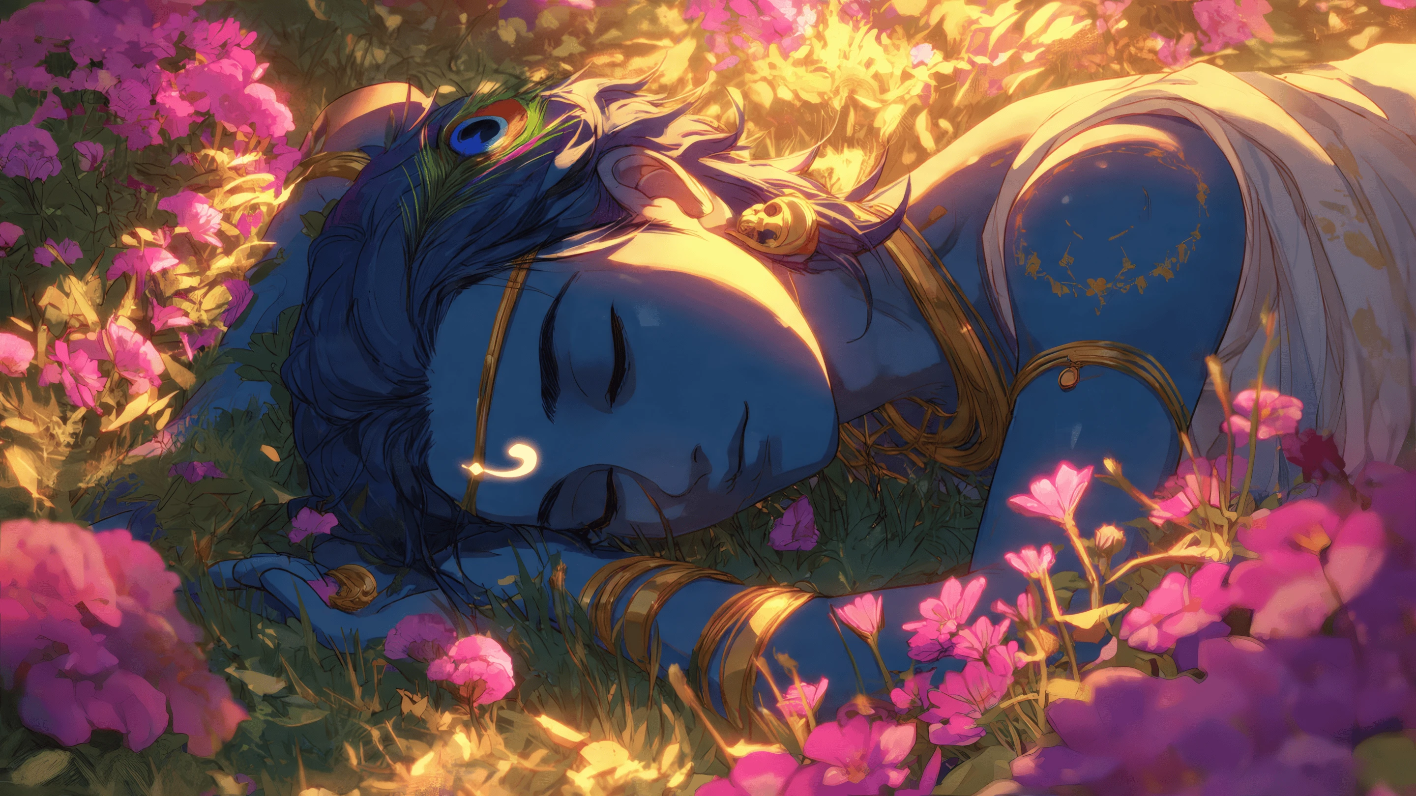 Artistic Depiction of a Sleeping Deity Among Pink Flowers