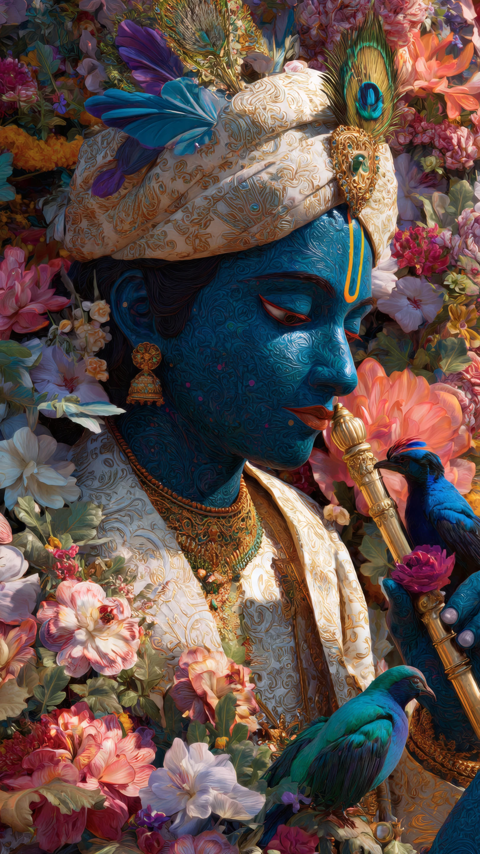 Artistic Depiction of Krishna with Flute and Birds