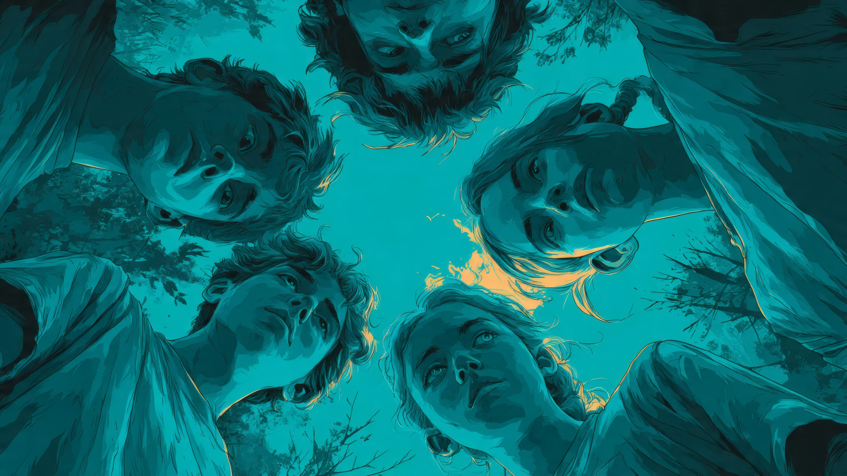 Artistic Illustration of People in Teal and Yellow
