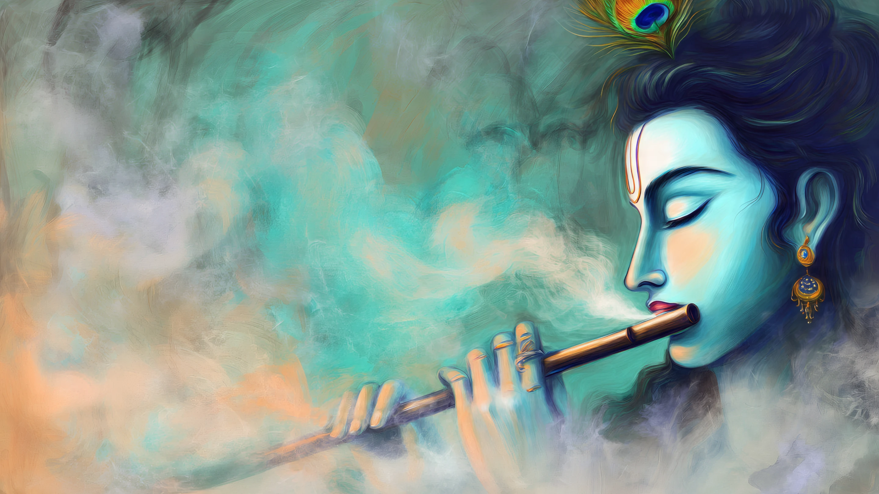 Artistic Krishna with Flute and Peacock Feather