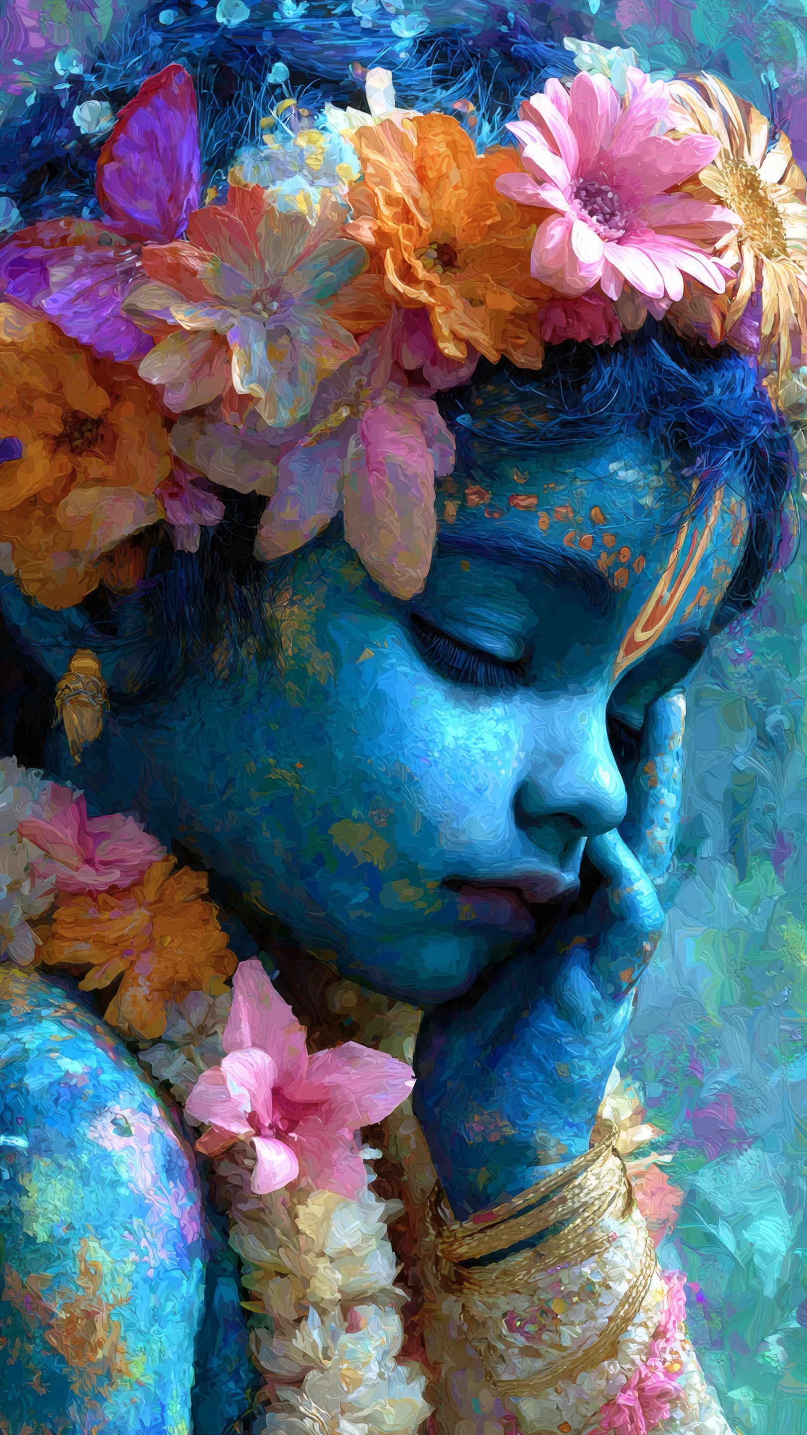 Artistic Portrait of a Blue Child with Flowers
