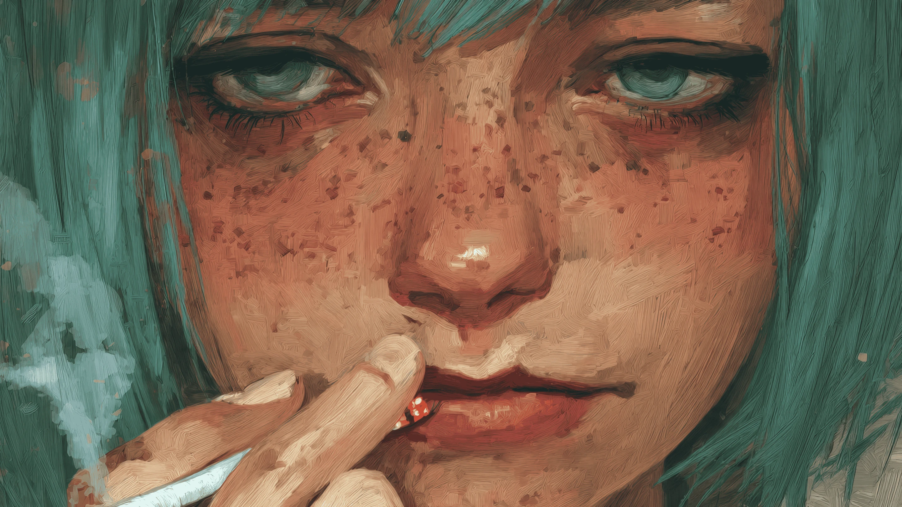 Artistic Portrait of a Girl with Blue Hair Smoking