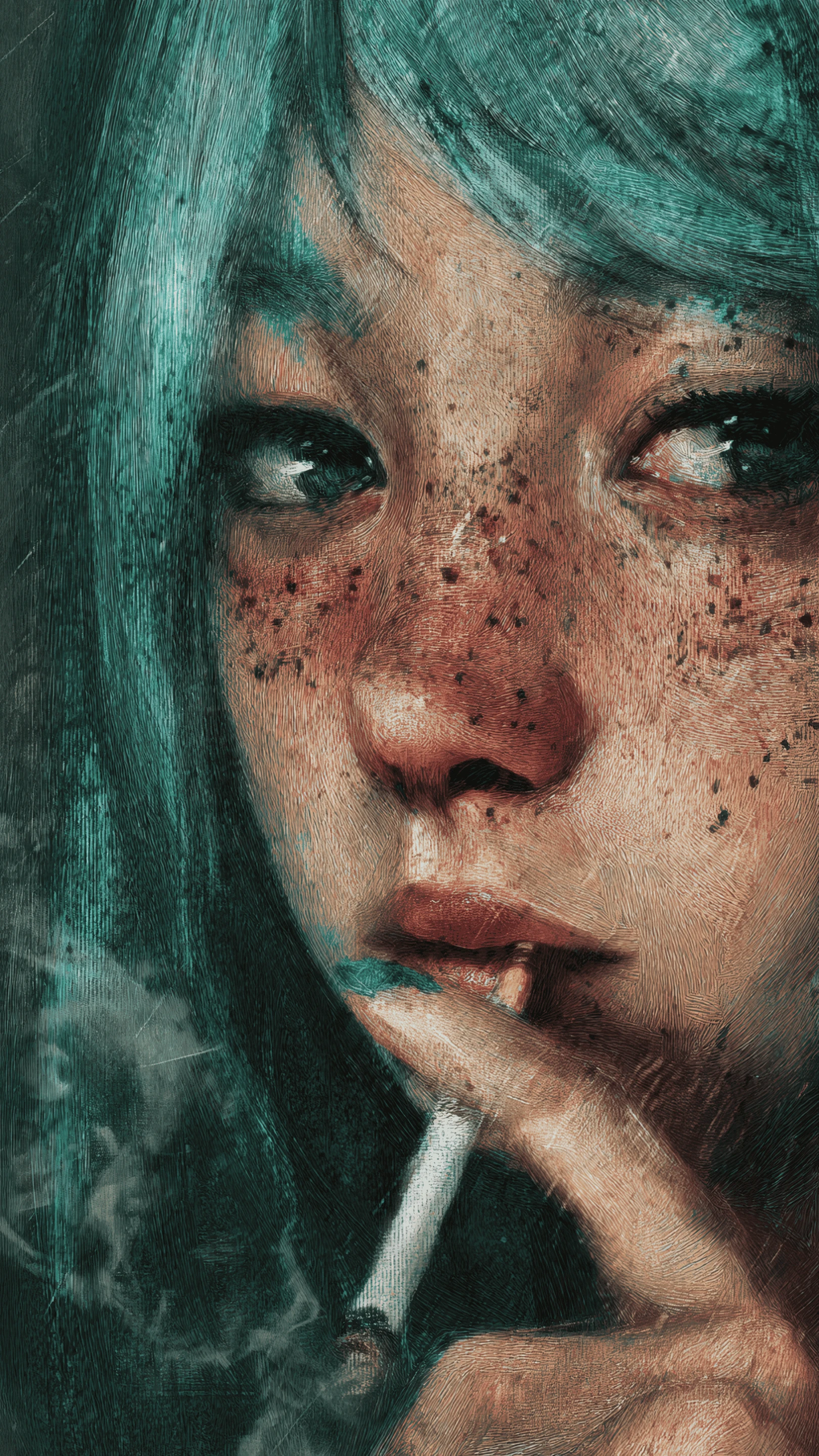Artistic Portrait of a Girl with Turquoise Hair Smoking