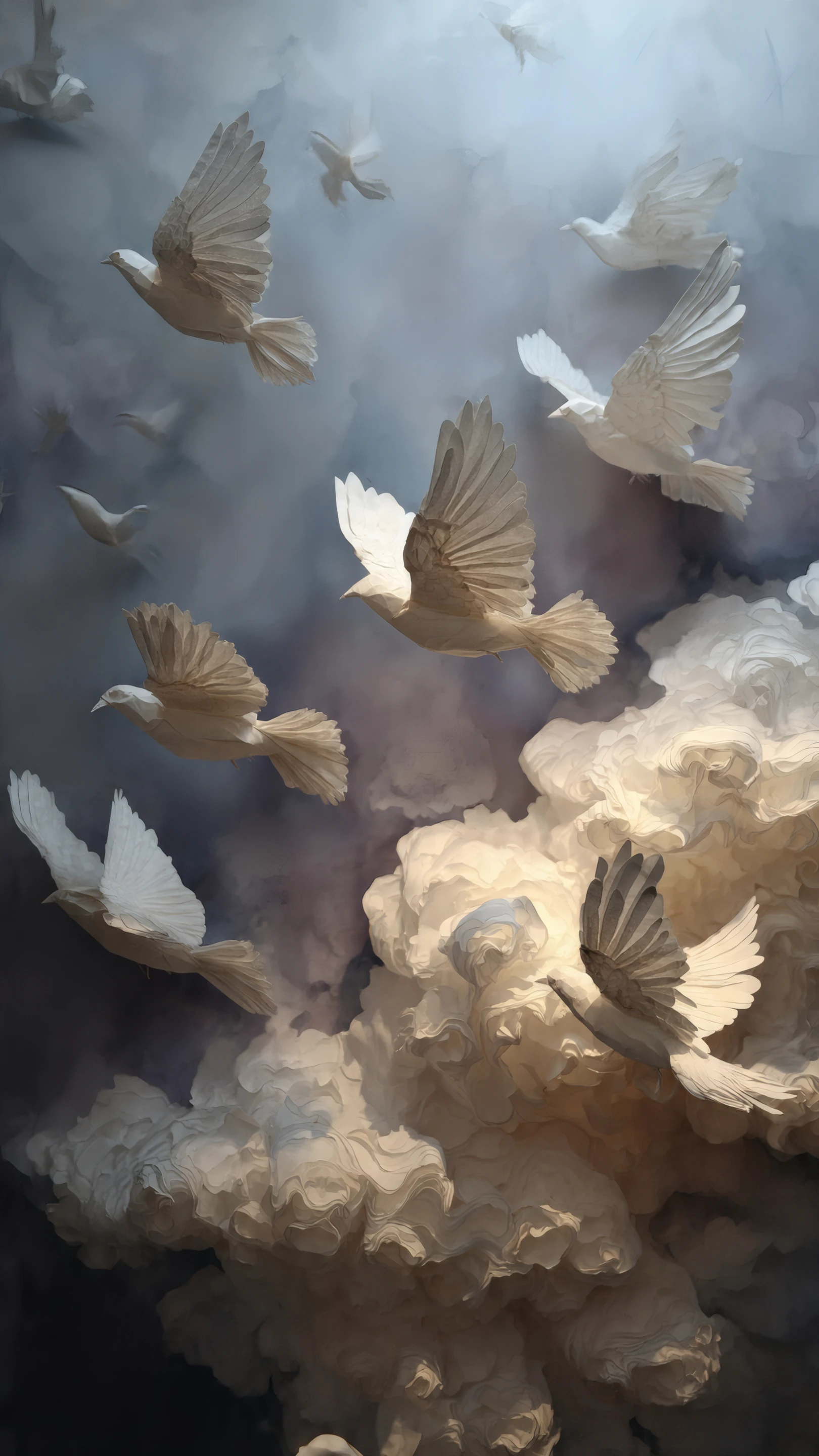 Artistic Rendering of Doves Flying Through Clouds