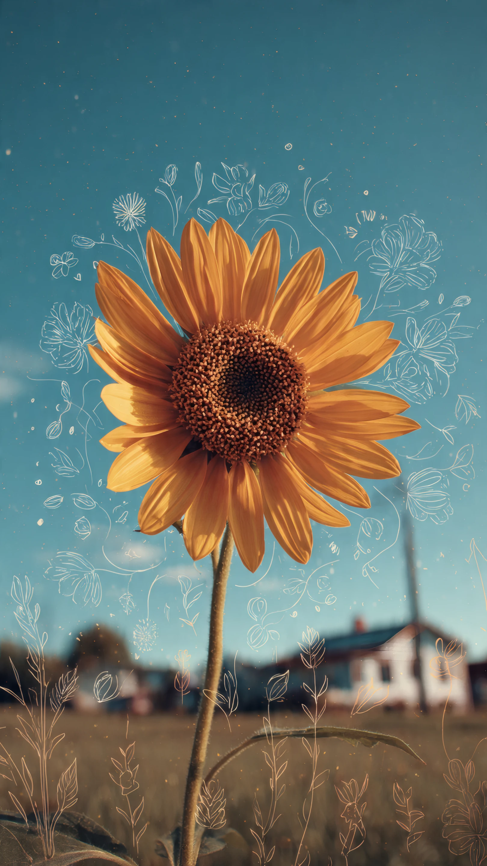 Artistic Sunflower with Floral Doodles Against Blue Sky