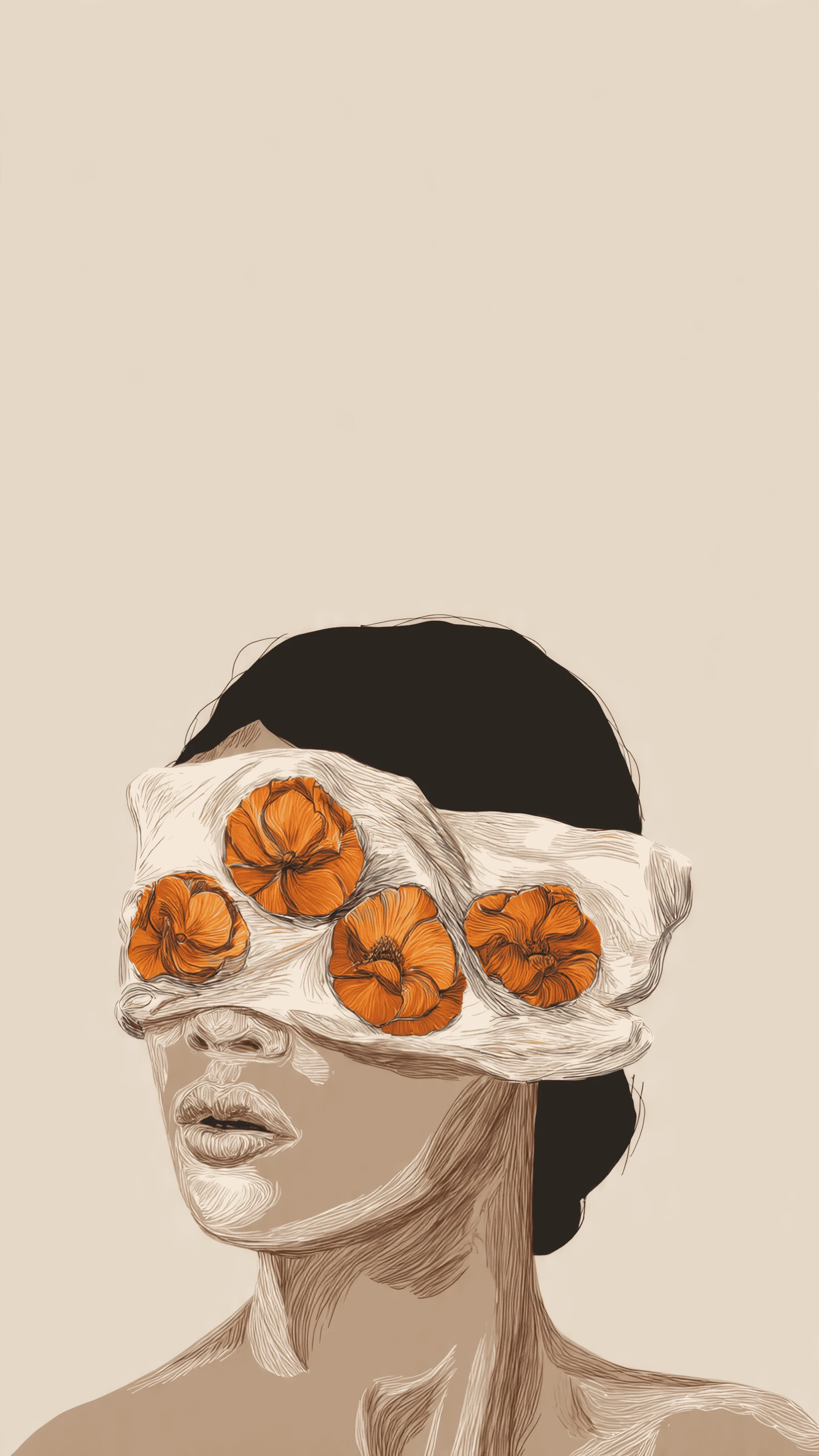 Artistic Woman with Orange Floral Blindfold Drawing