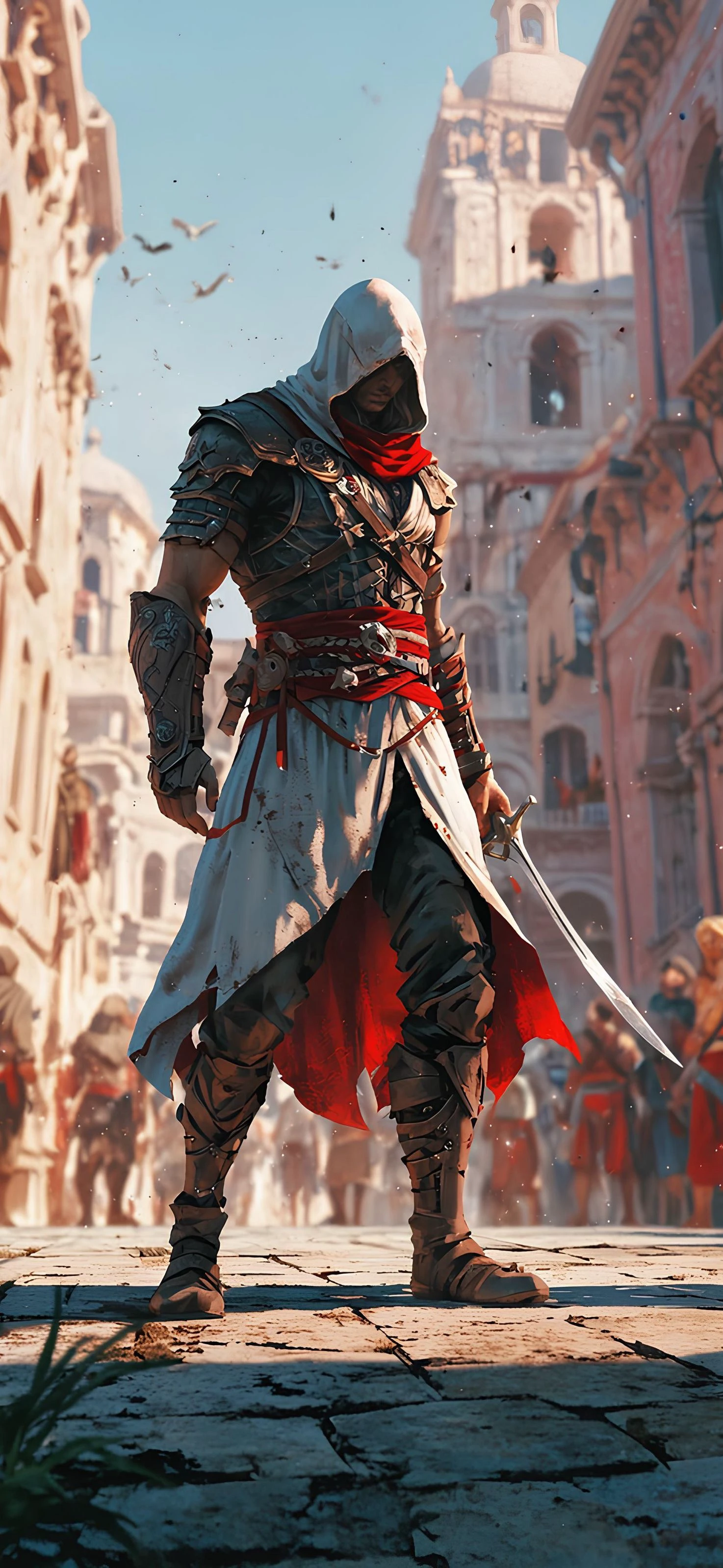 Assassin in Hooded Armor with Sword in Cityscape