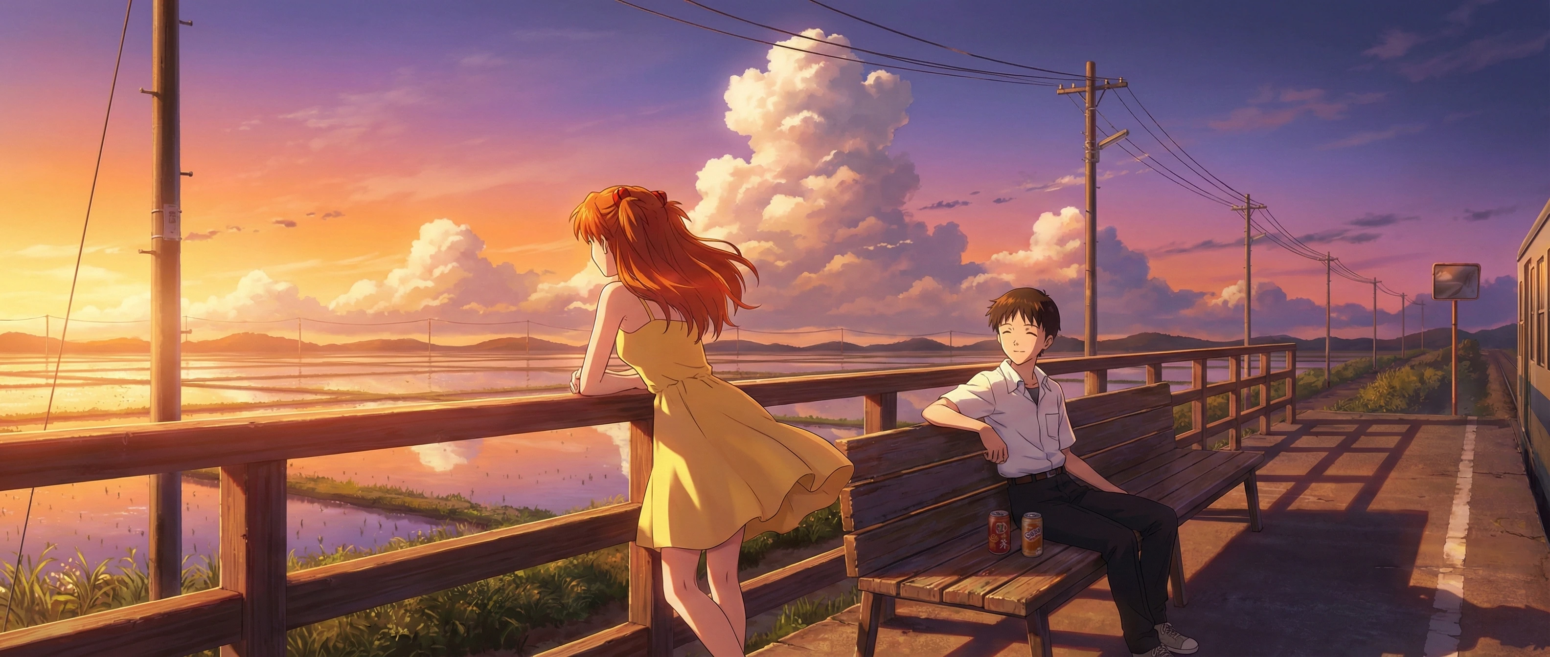 Asuka and Shinji at Train Station Sunset