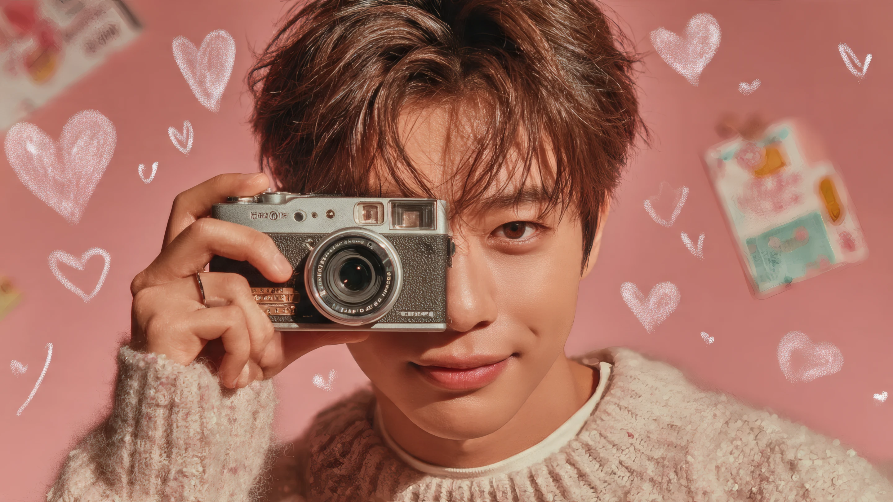 Attractive Man Posing with Vintage Camera on Pink Backdrop
