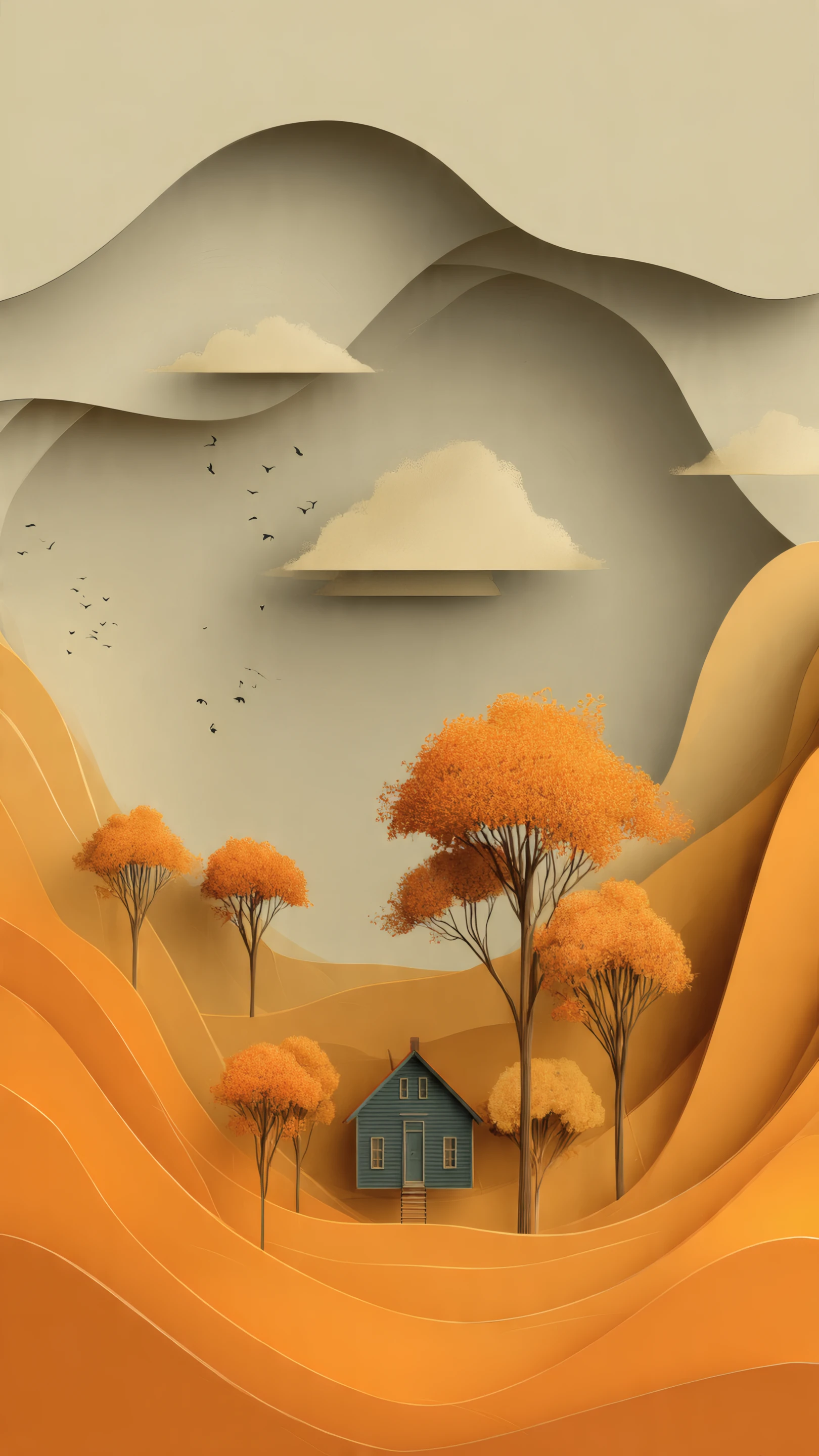 Autumn Paper Cut Landscape with Blue House Illustration