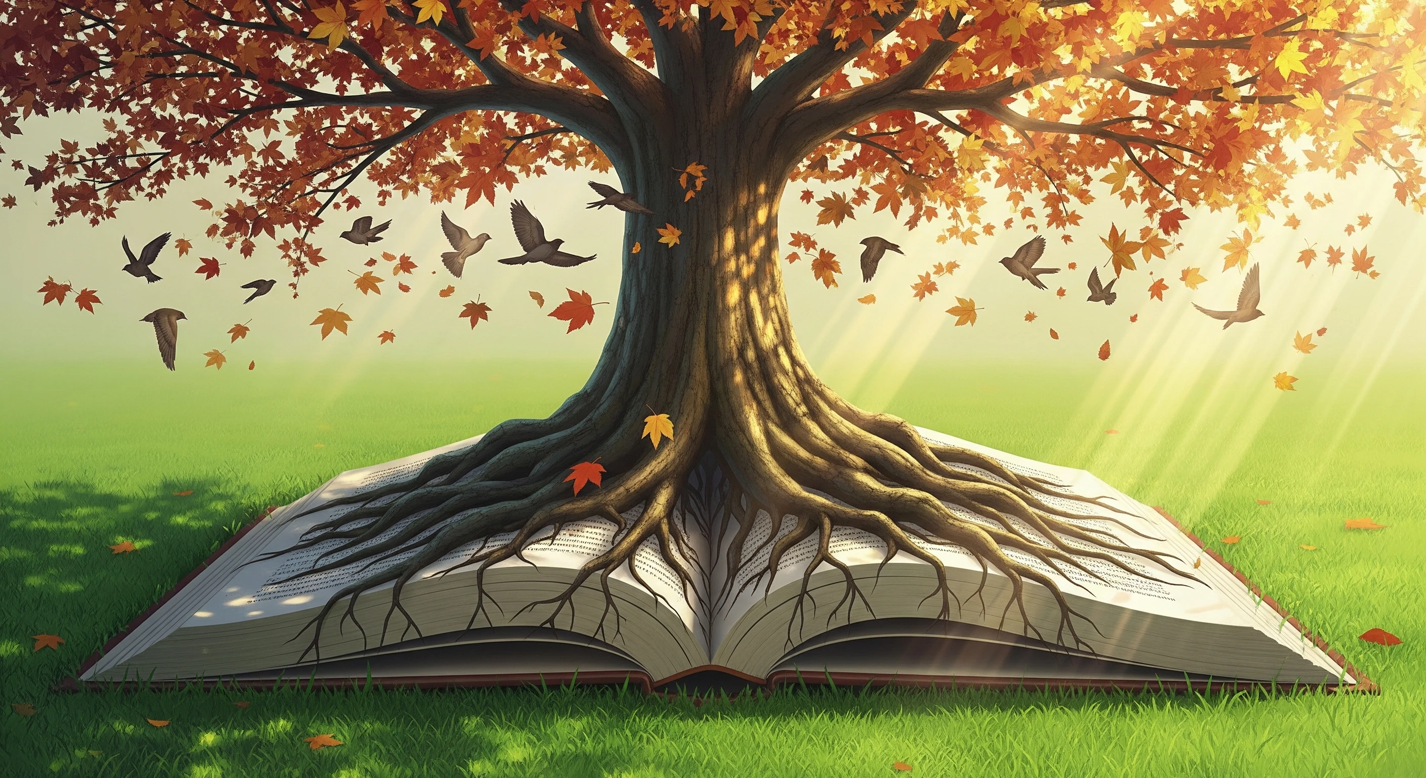Autumn Tree of Knowledge on Open Book in Meadow