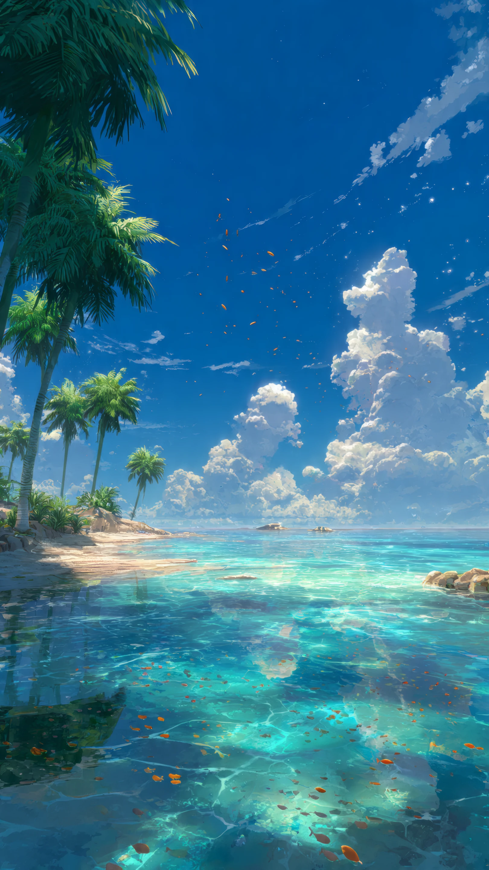 Azure Beach with Palm Trees and Fluffy Clouds