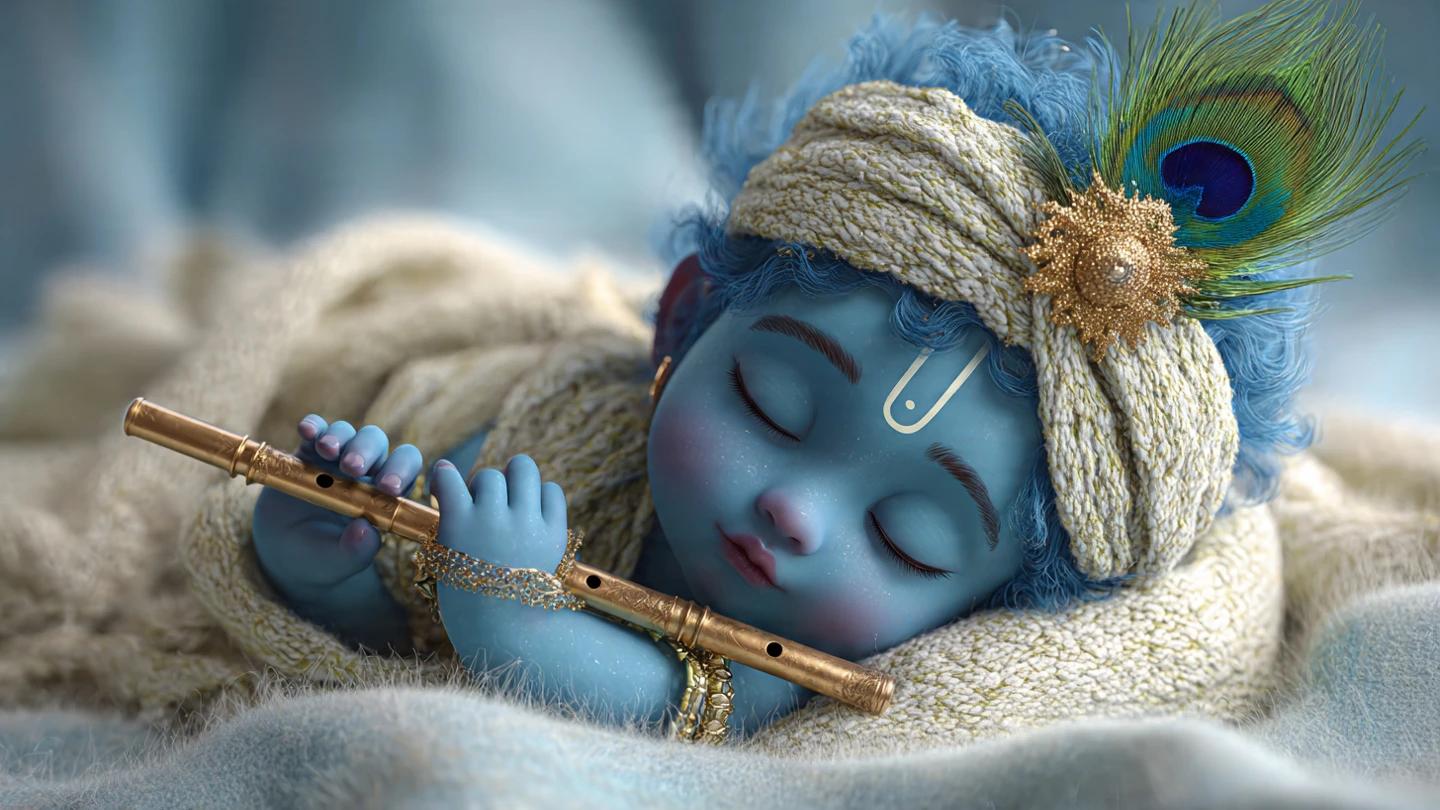 Baby Krishna Sleeping Peacefully with Golden Flute