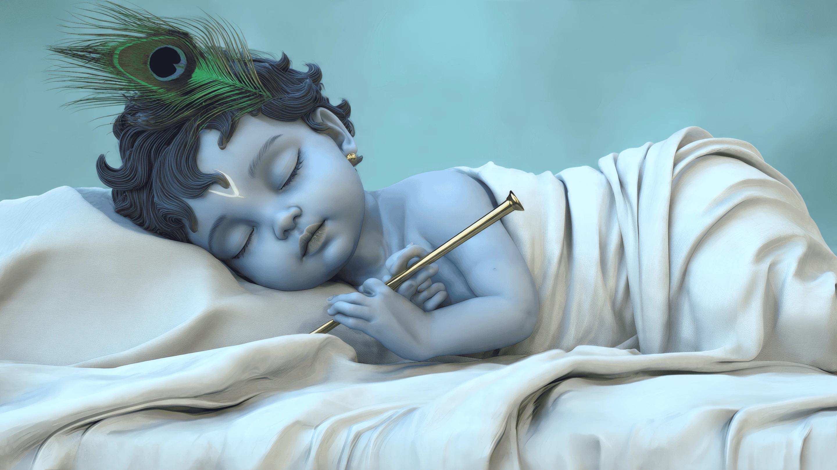 Baby Krishna Sleeping Peacefully with Peacock Feather