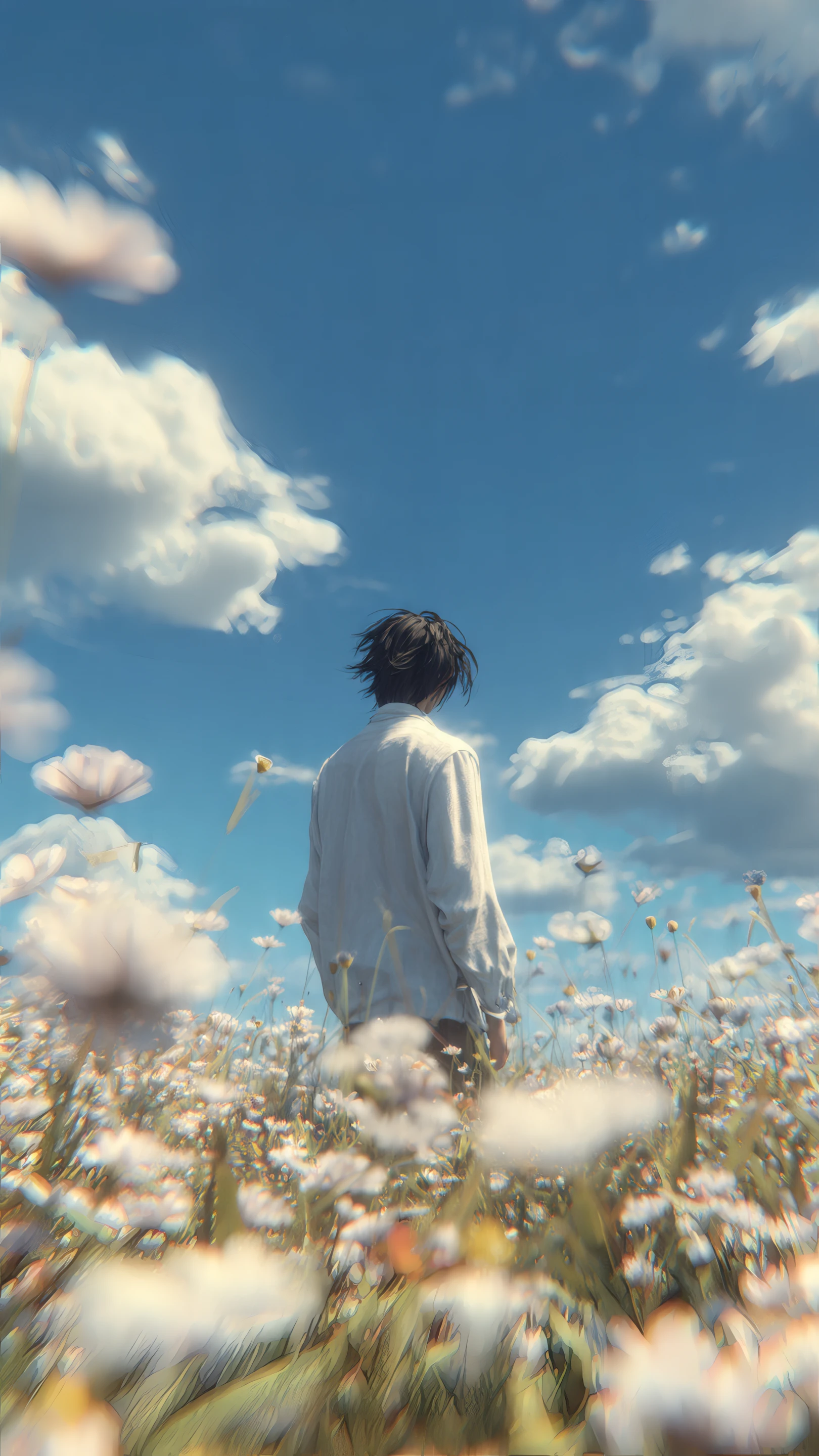 Back View of a Man Among White Flowers and Clouds