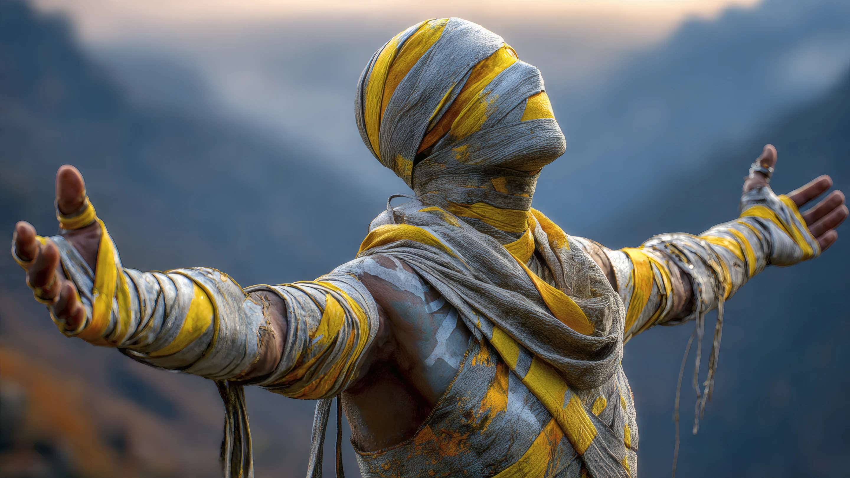 Bandaged Figure in Yellow and Gray Against Mountain Backdrop