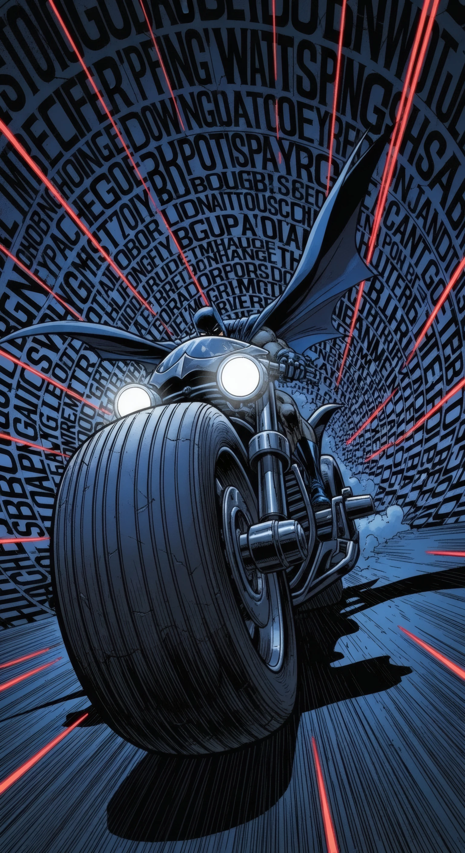 Batman's Dark Ride Motorcycle Escape Through Text Tunnel