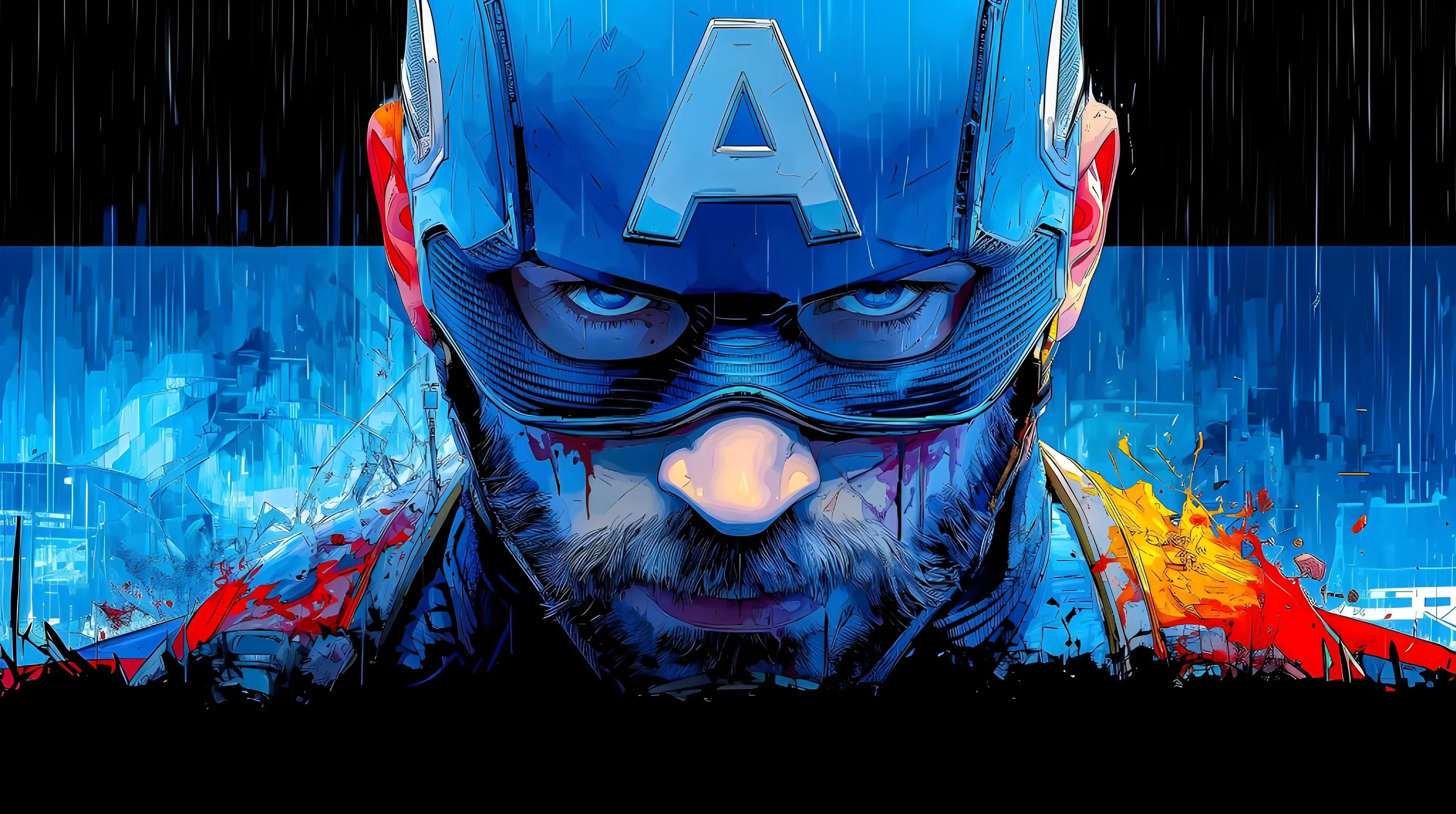 Battle-worn Captain America in Rainy Cityscape