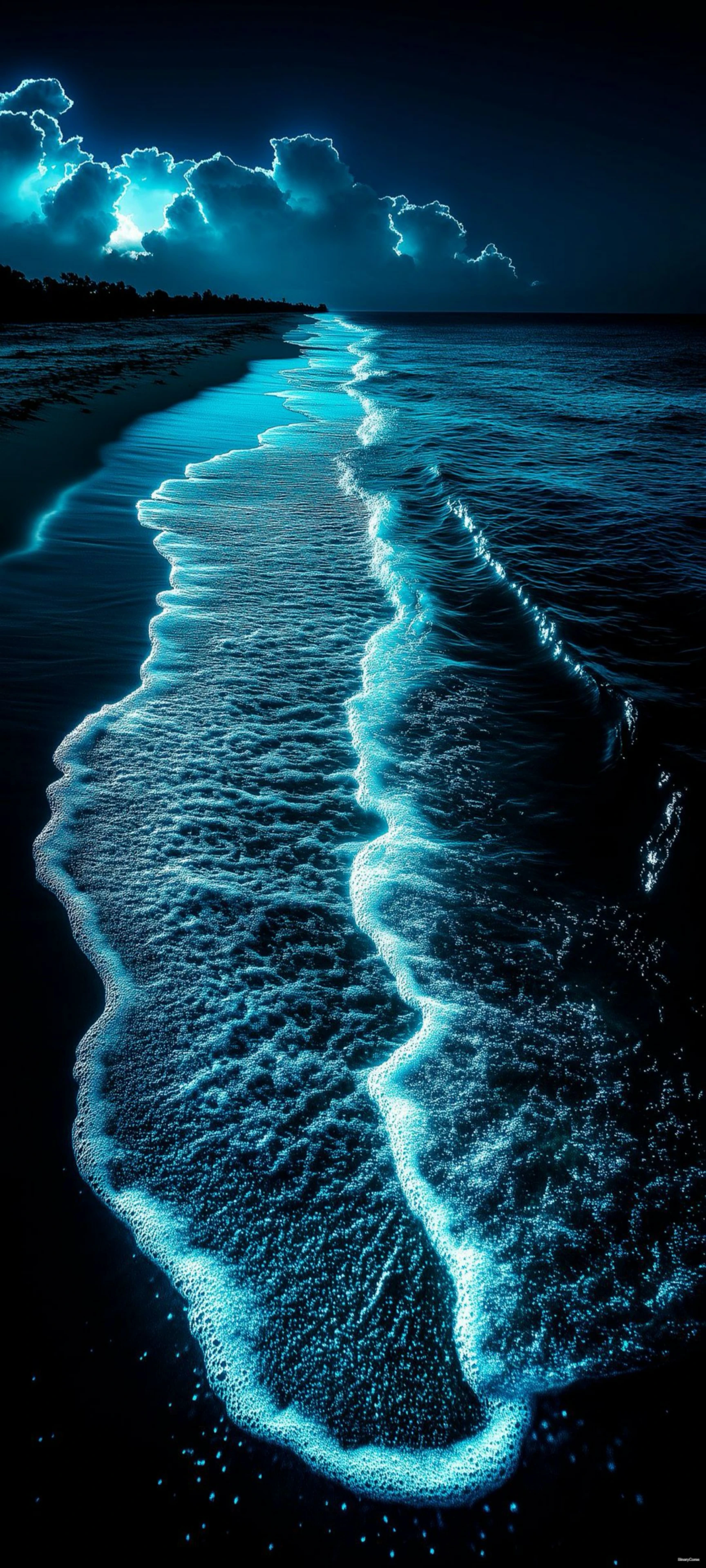 Bioluminescent Waves Crashing on Shore at Night