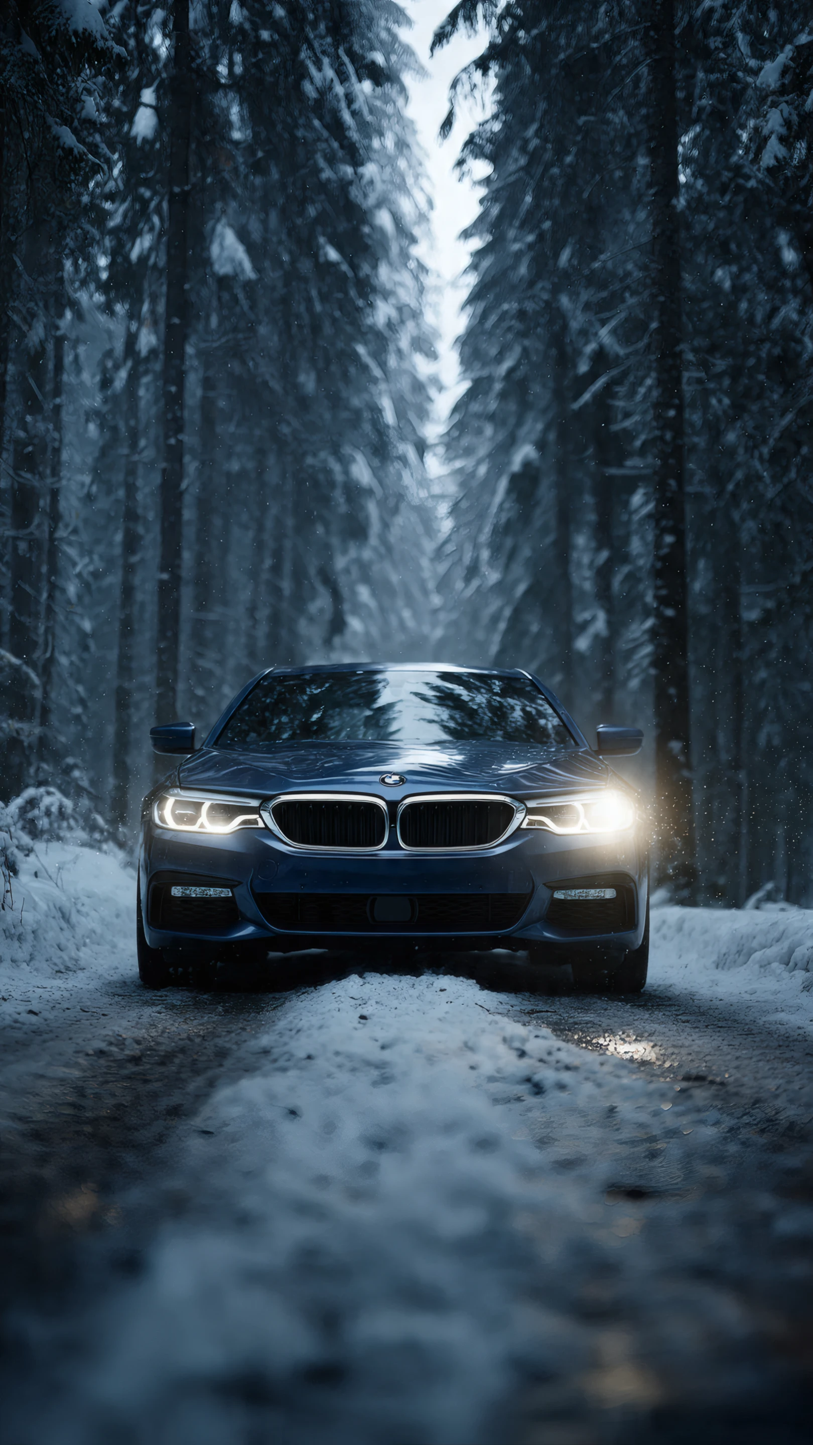Blue Bmw Driving on a Snowy Forest Road