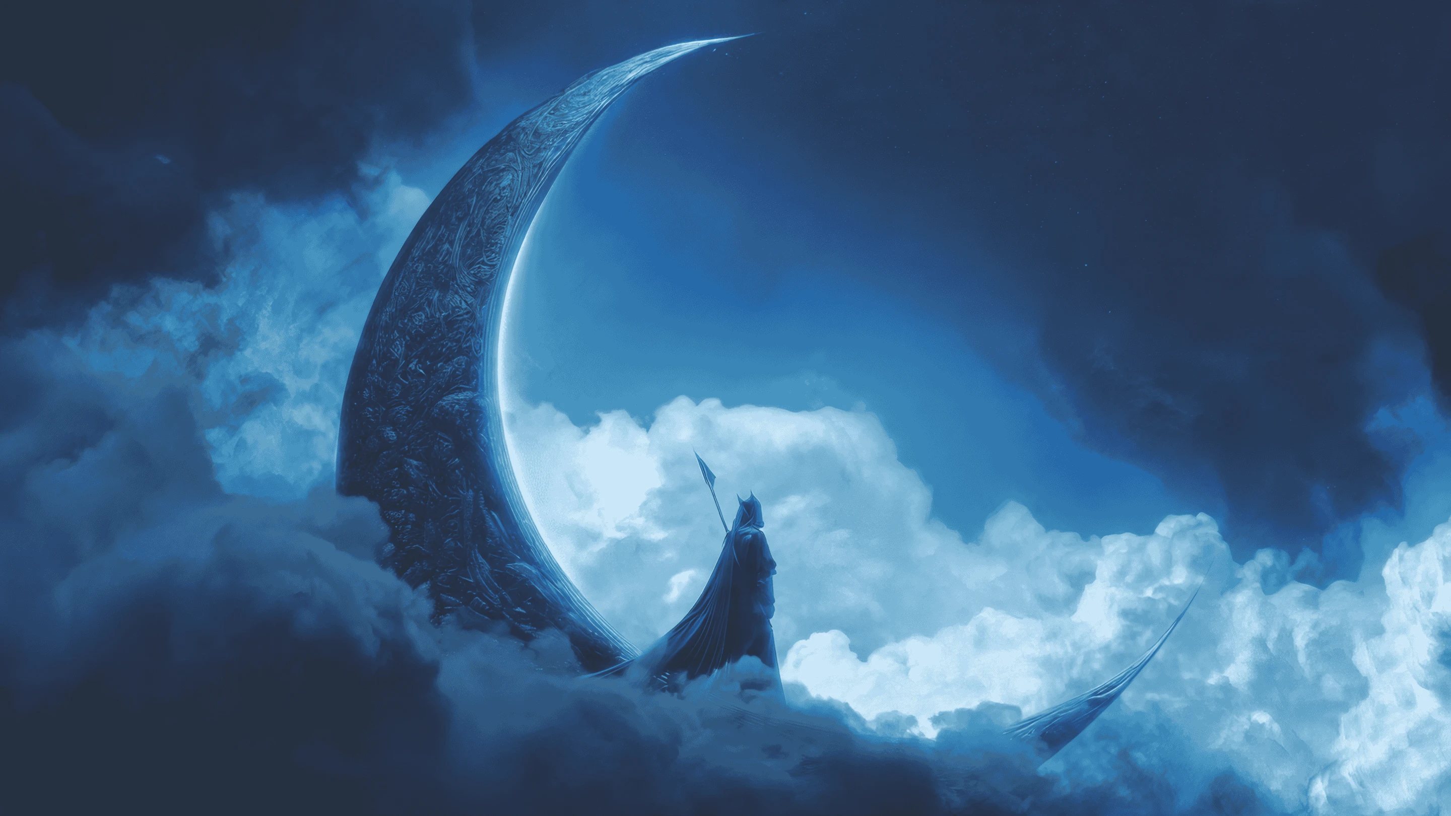 Blue Warrior Silhouette on Ornate Crescent Moon