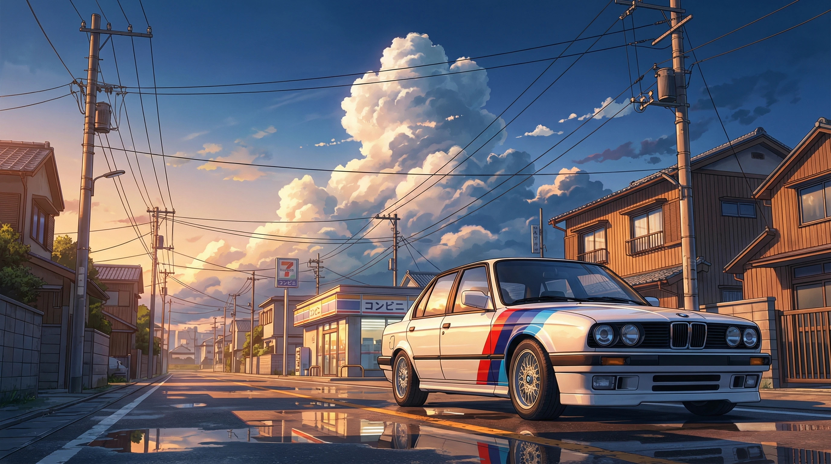 Bmw E30 on Wet Street at Sunset Anime