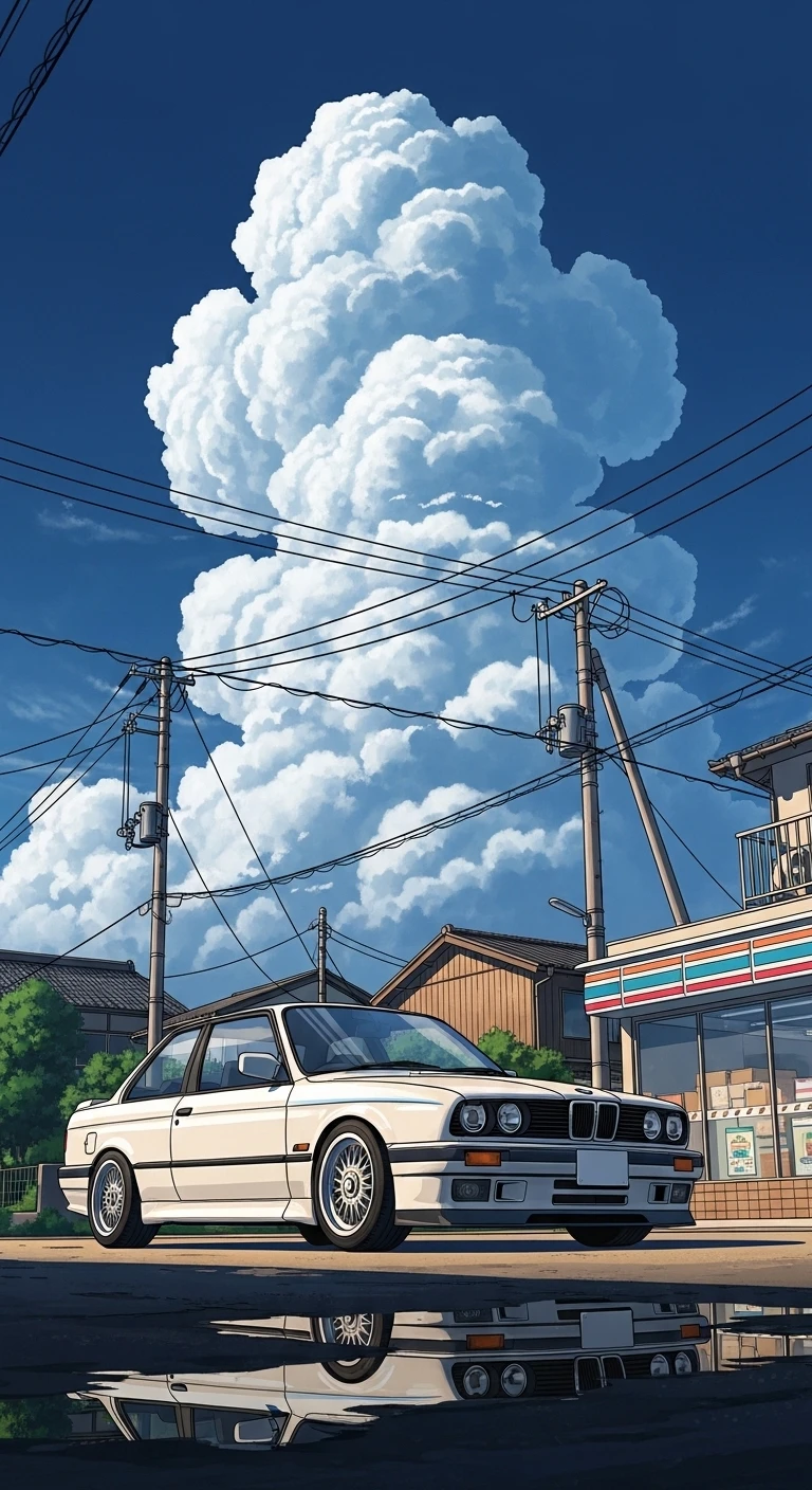 Bmw E30 Reflection Under Cumulus Clouds