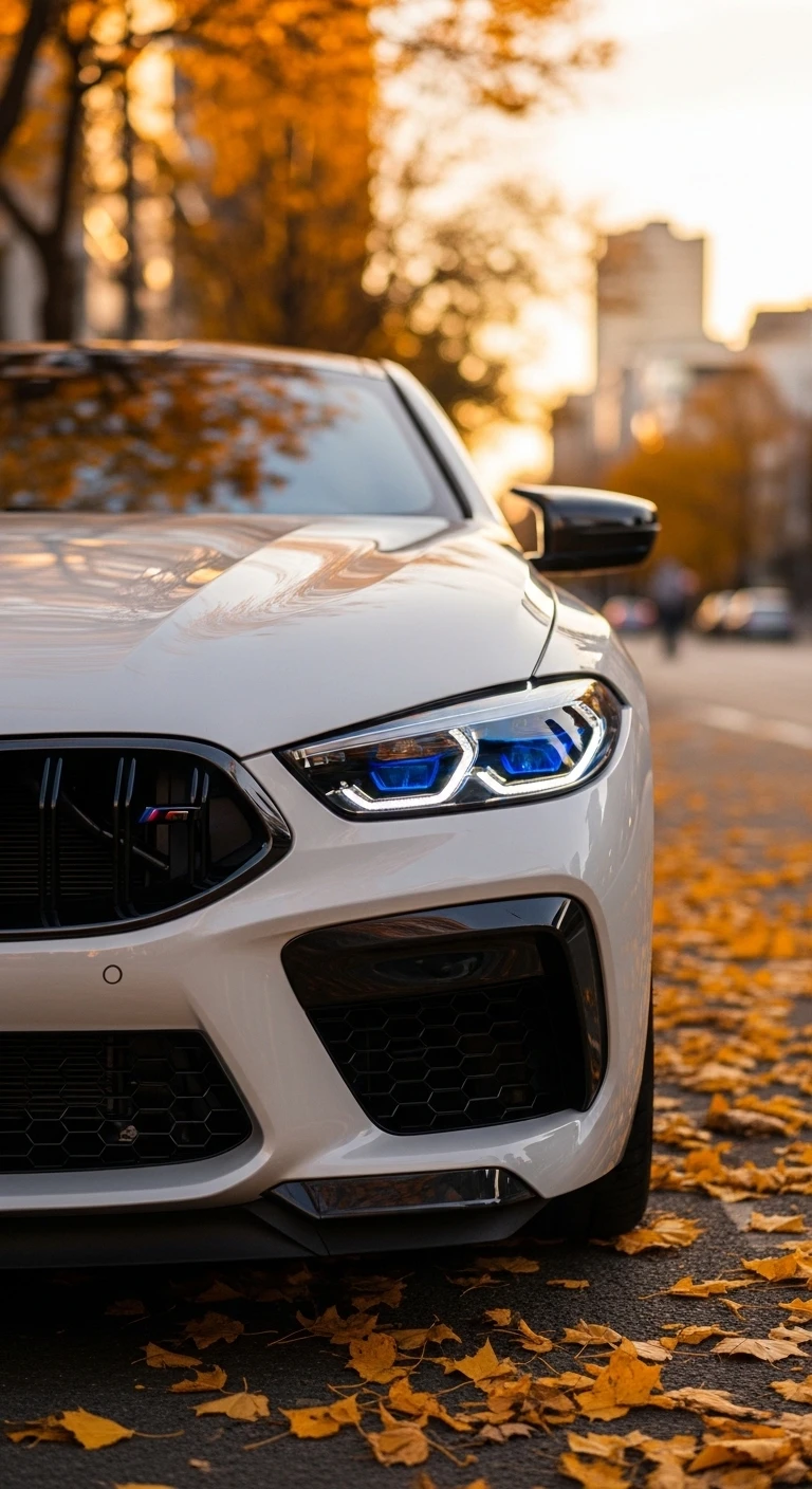 Bmw M8's Intense Blue Headlights on Autumn Road