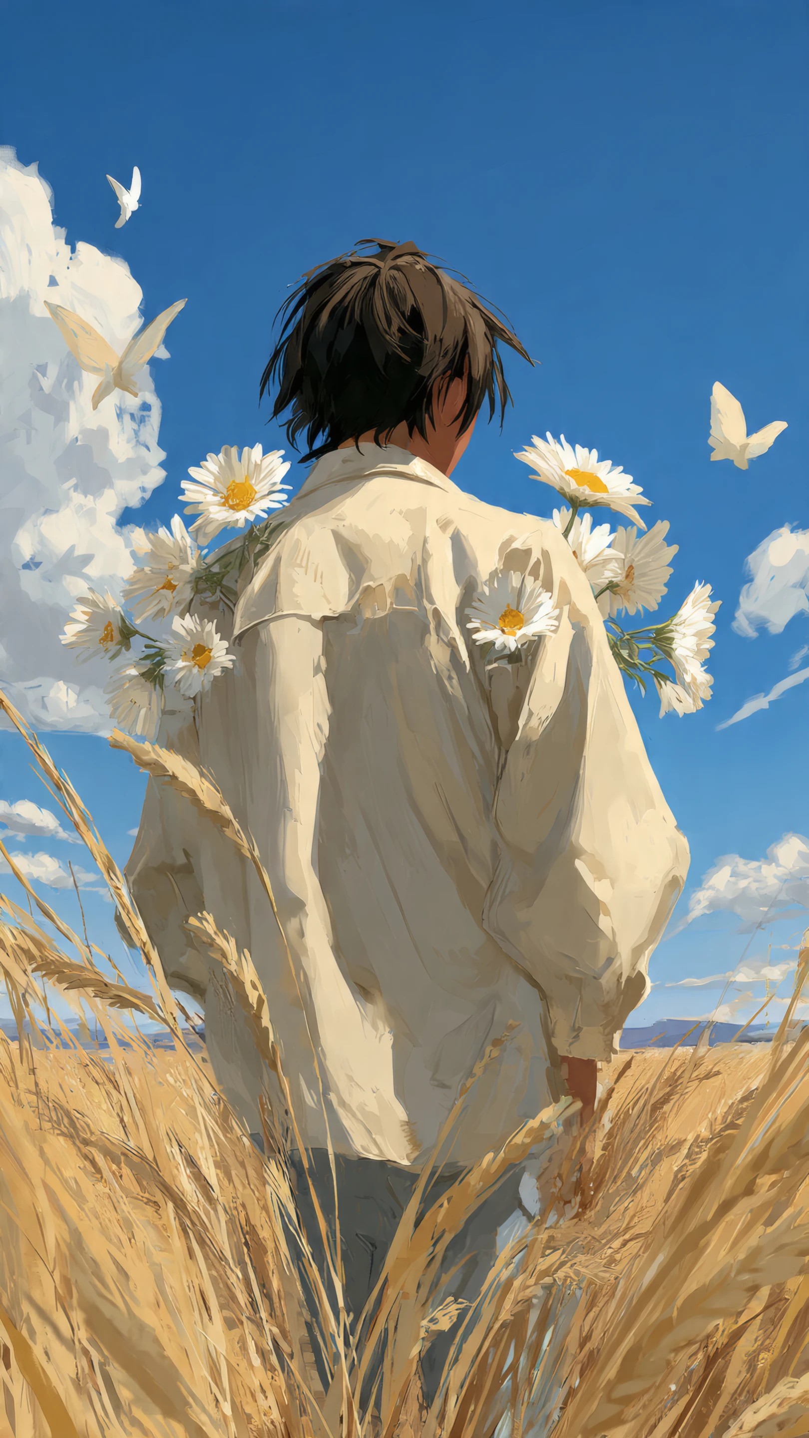 Boy in Wheat Field with Daisy Bouquet Against Blue Sky