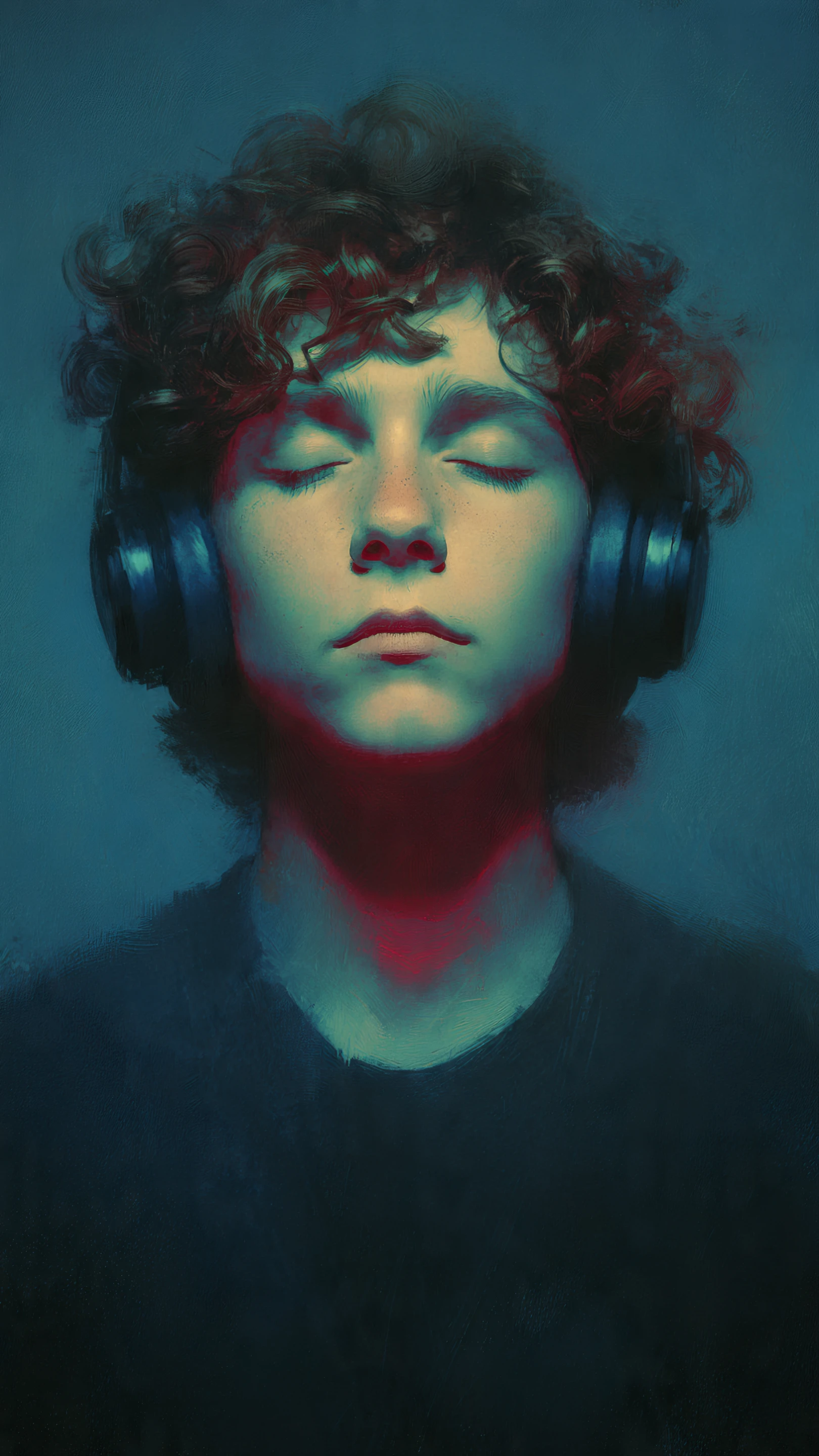 Boy with Headphones in Teal and Red Artistic Portrait