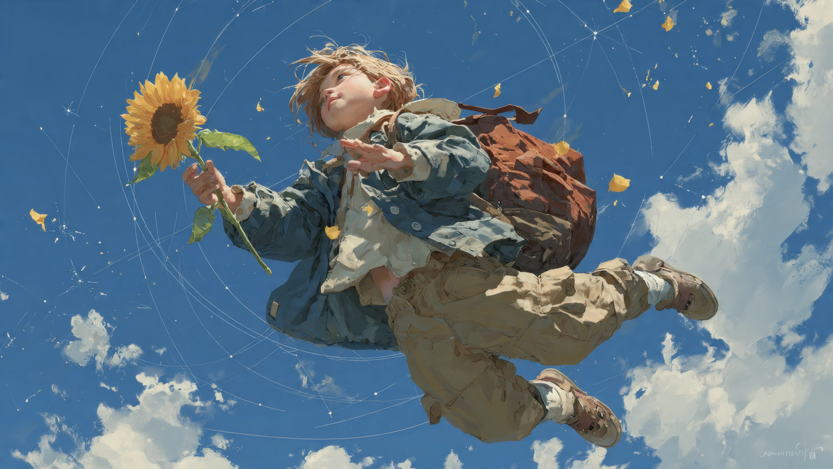 Boy with Sunflower Flying in Blue Sky Art