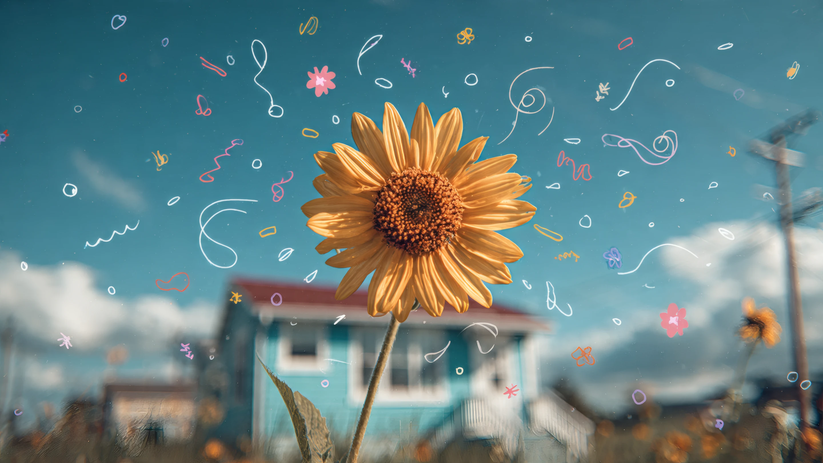 Bright Sunflower Against Blue Sky with Doodle Art