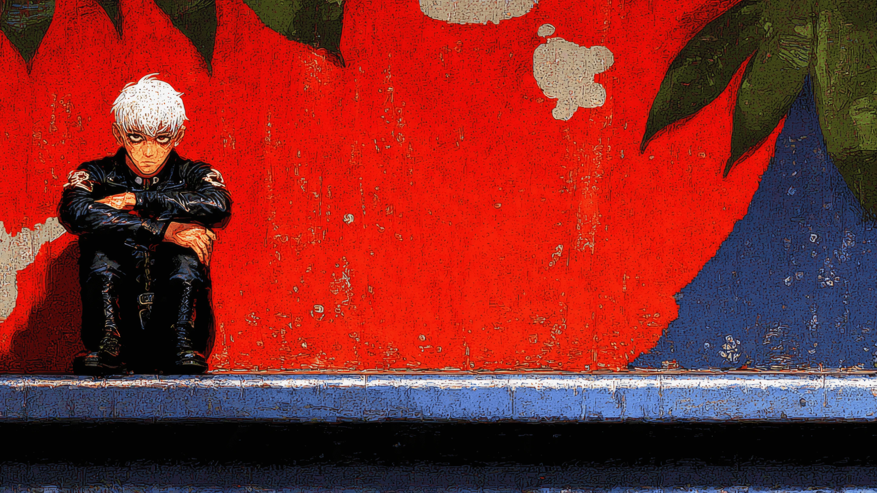 Brooding Anime Boy with White Hair in Black Leather