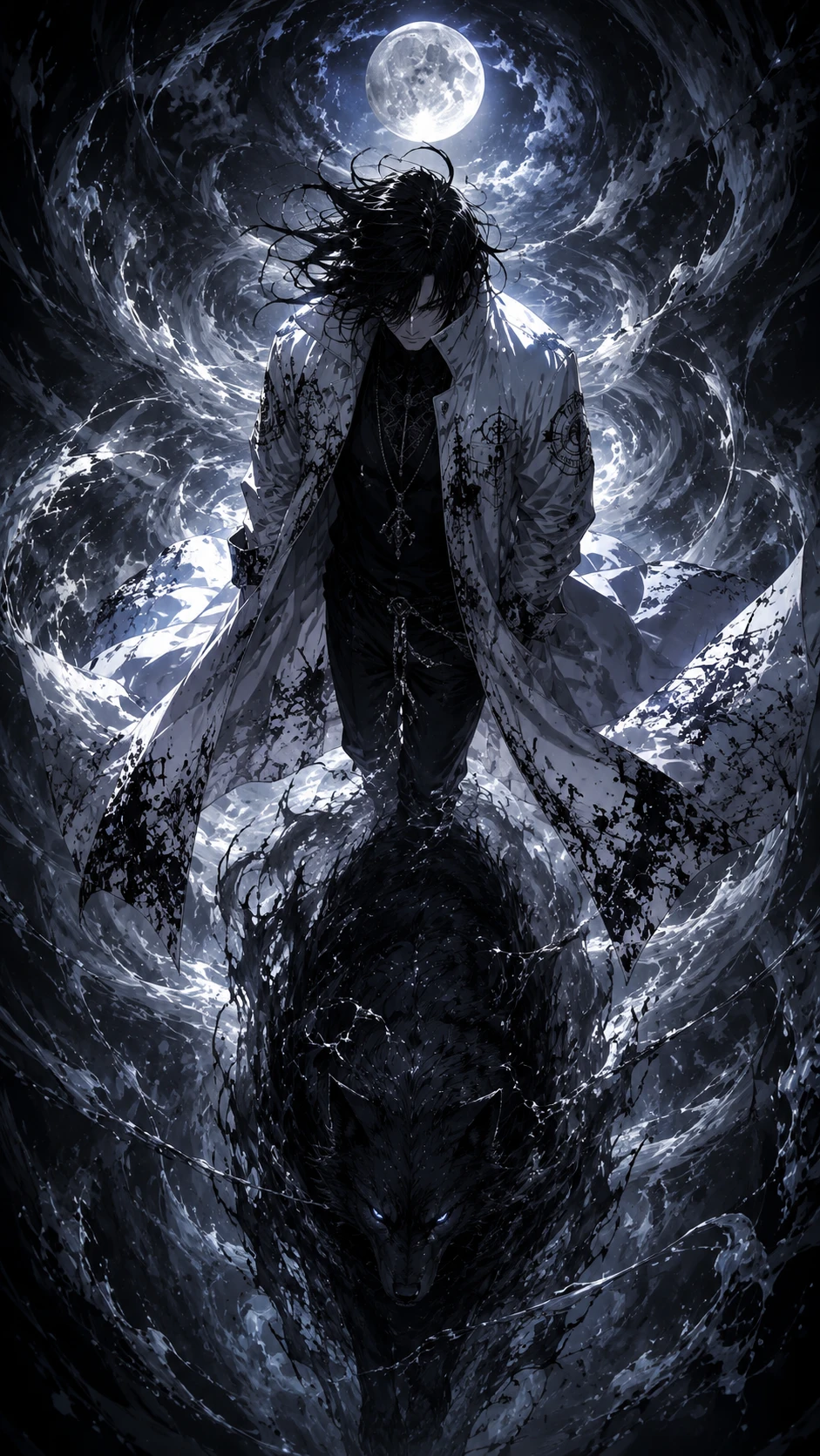 Brooding Anime Hero Under a Bleak Moonlight wallpaper 941x1672