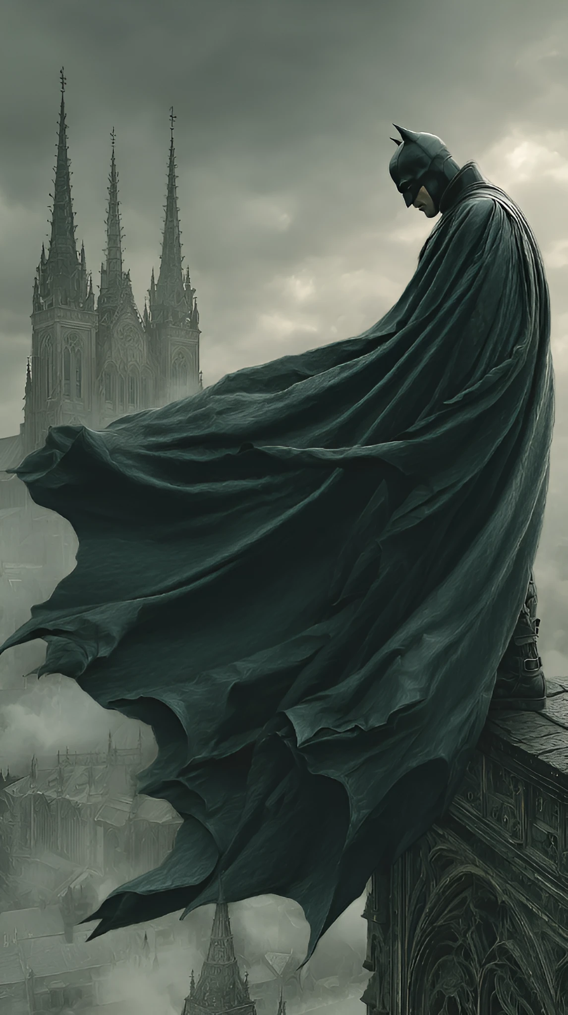 Brooding Dark Knight Overlooking Gotham's Gothic Skyline