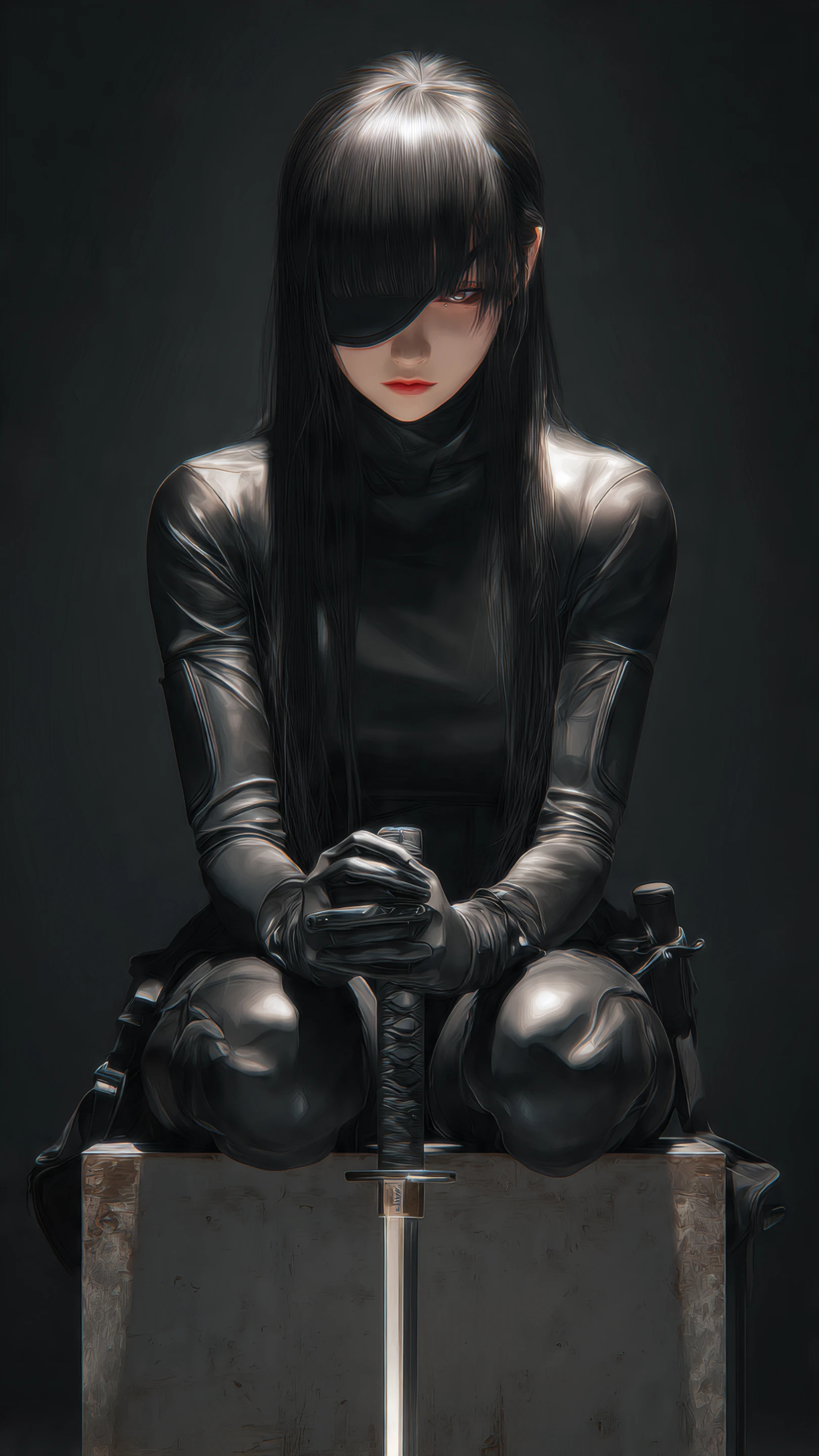 Brooding Ninja Girl with Katana in Shadow