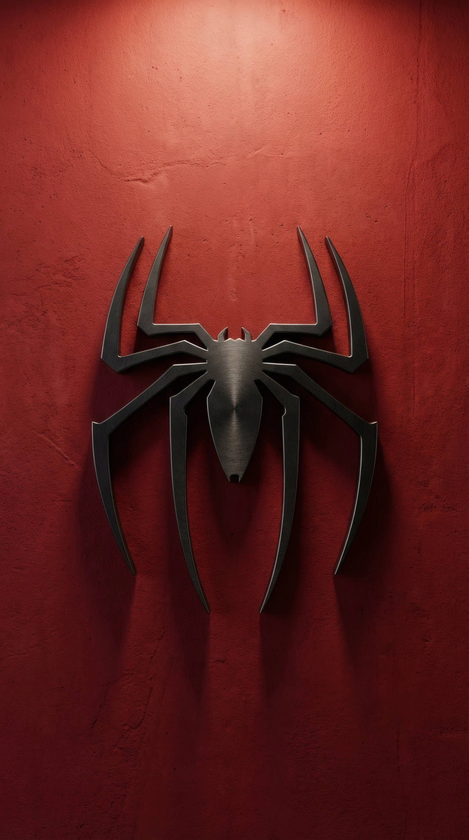 Brushed Metal Spider Emblem on Textured Red Wall