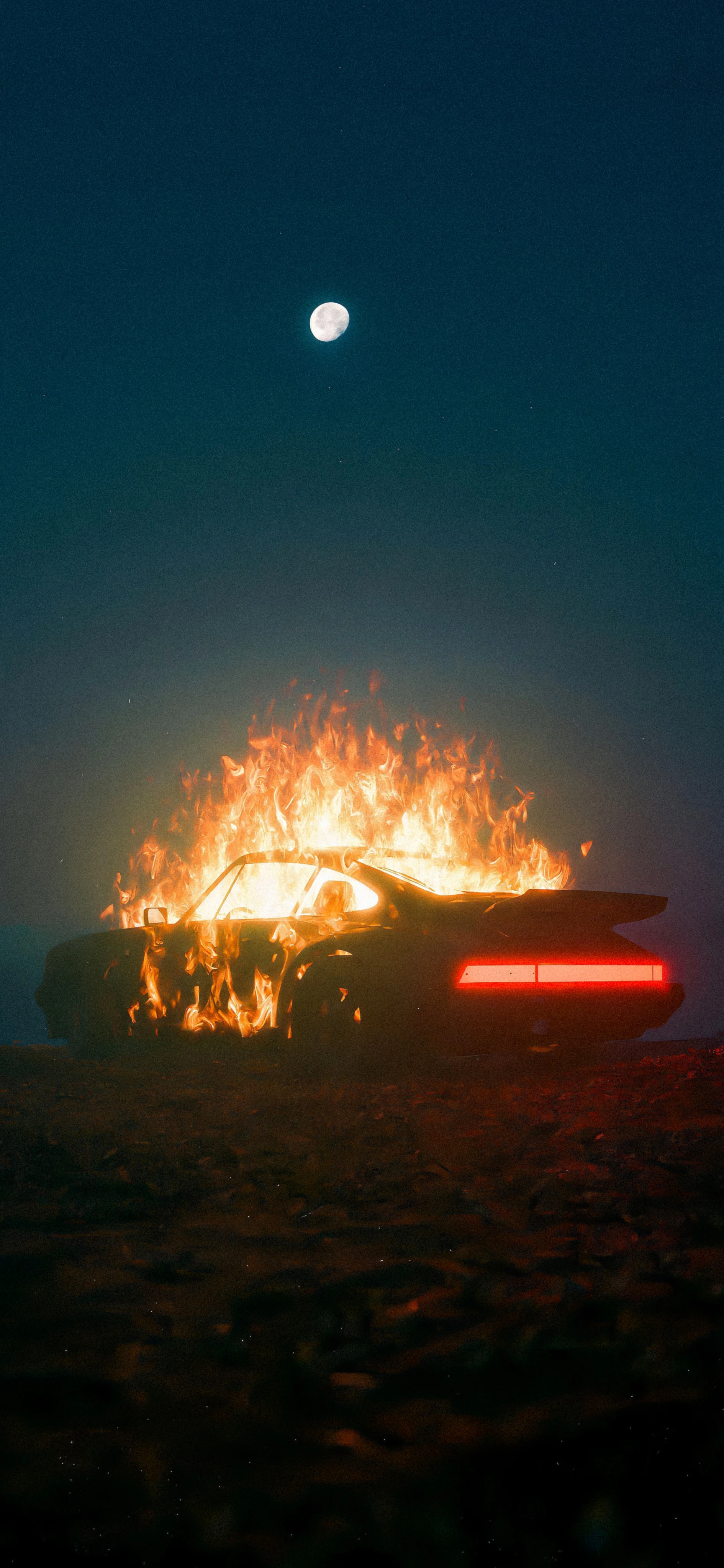 Burning Car Under Moonlight in a Dramatic Night Scene