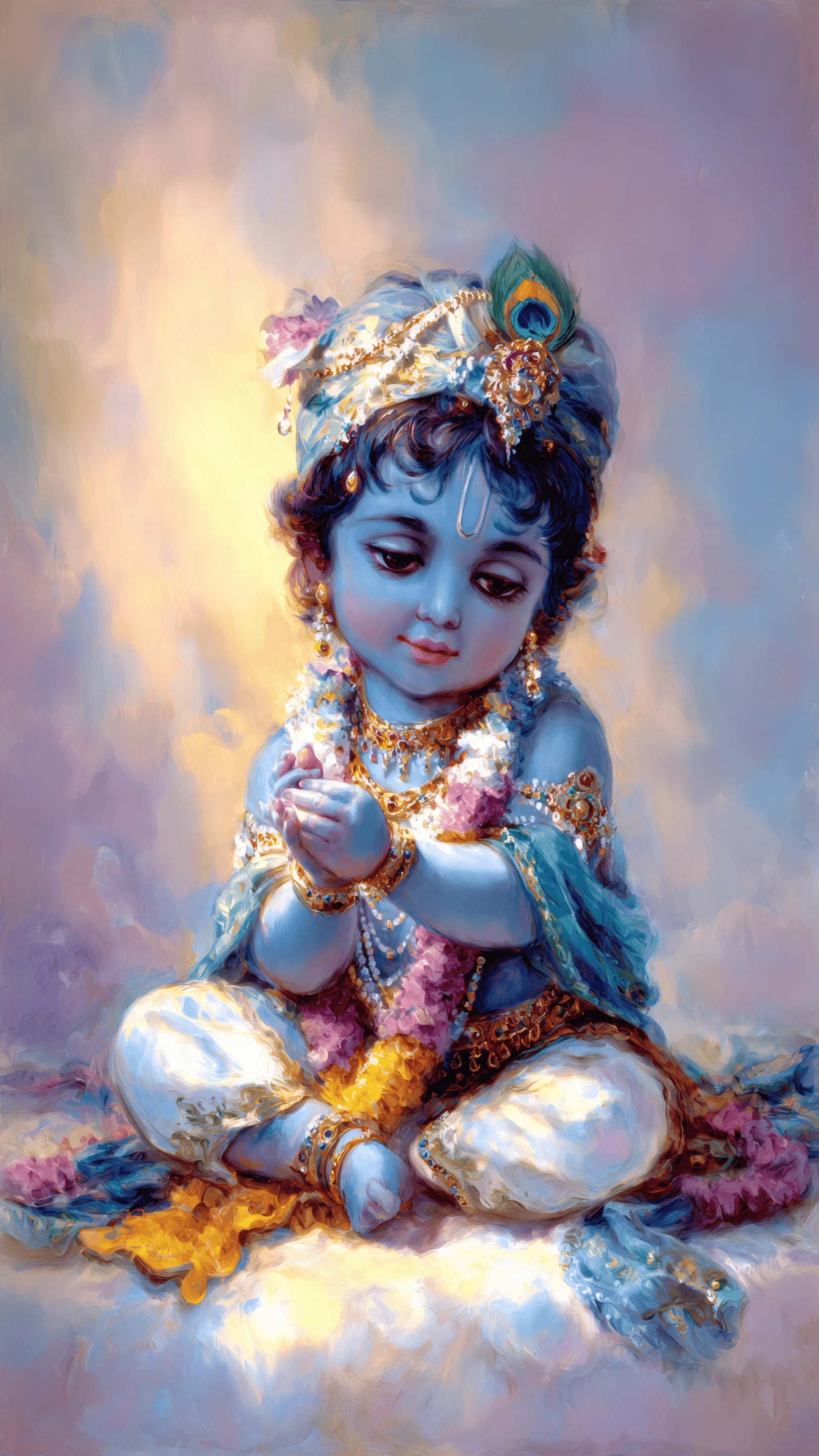 Captivating Baby Krishna Artwork with Peacock Feather