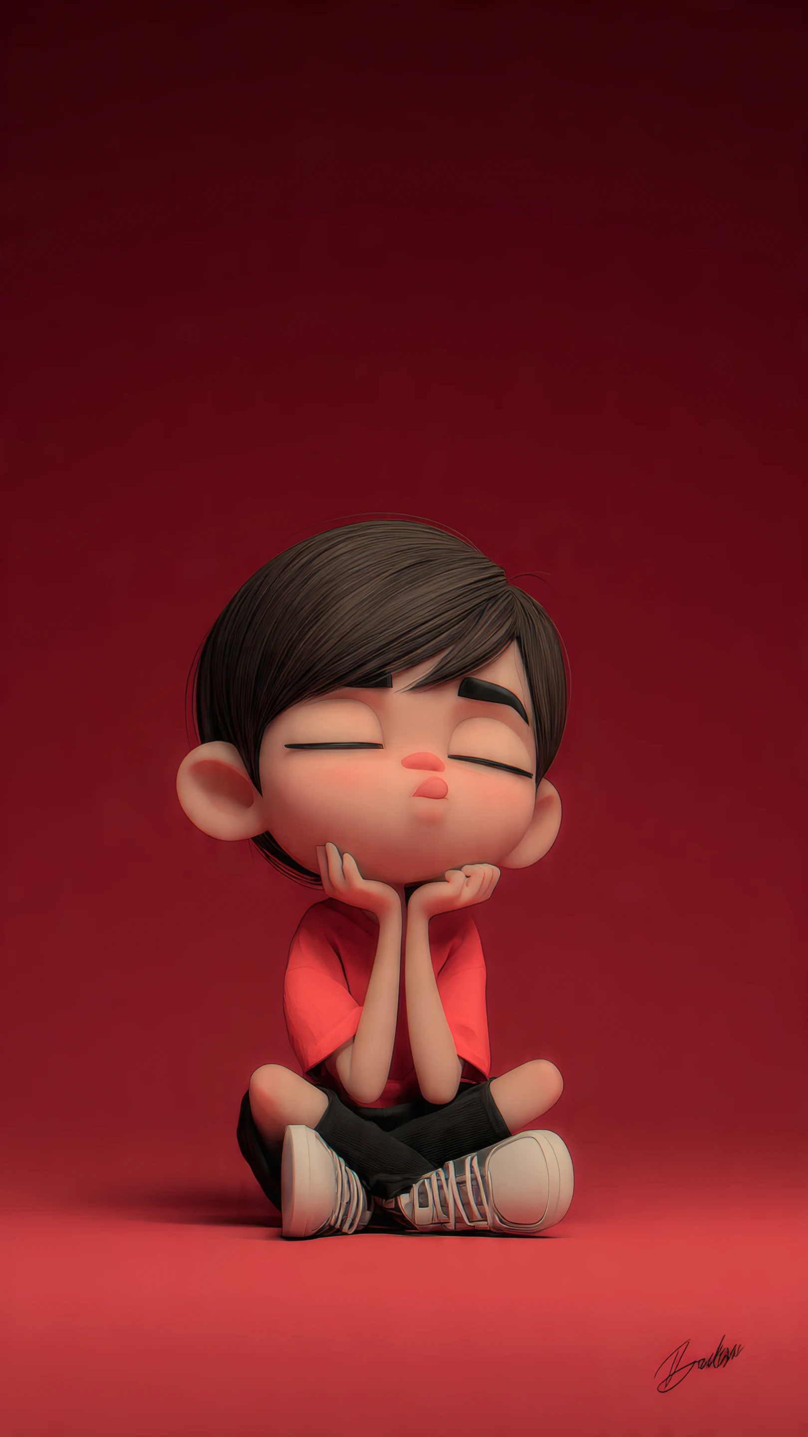 Cartoon Boy with Closed Eyes on Red Background
