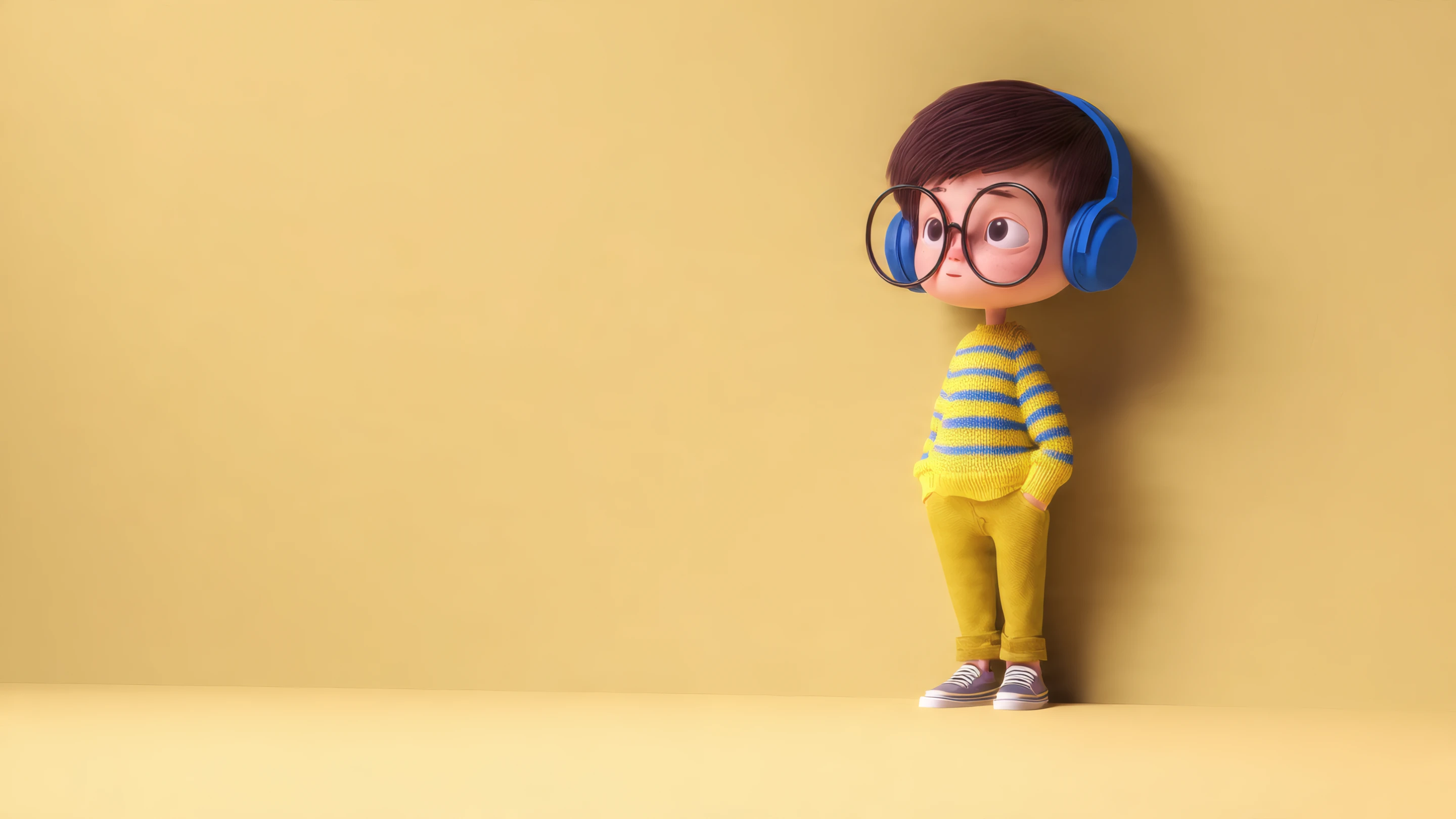 Cartoon Boy with Headphones in Yellow Room Illustration