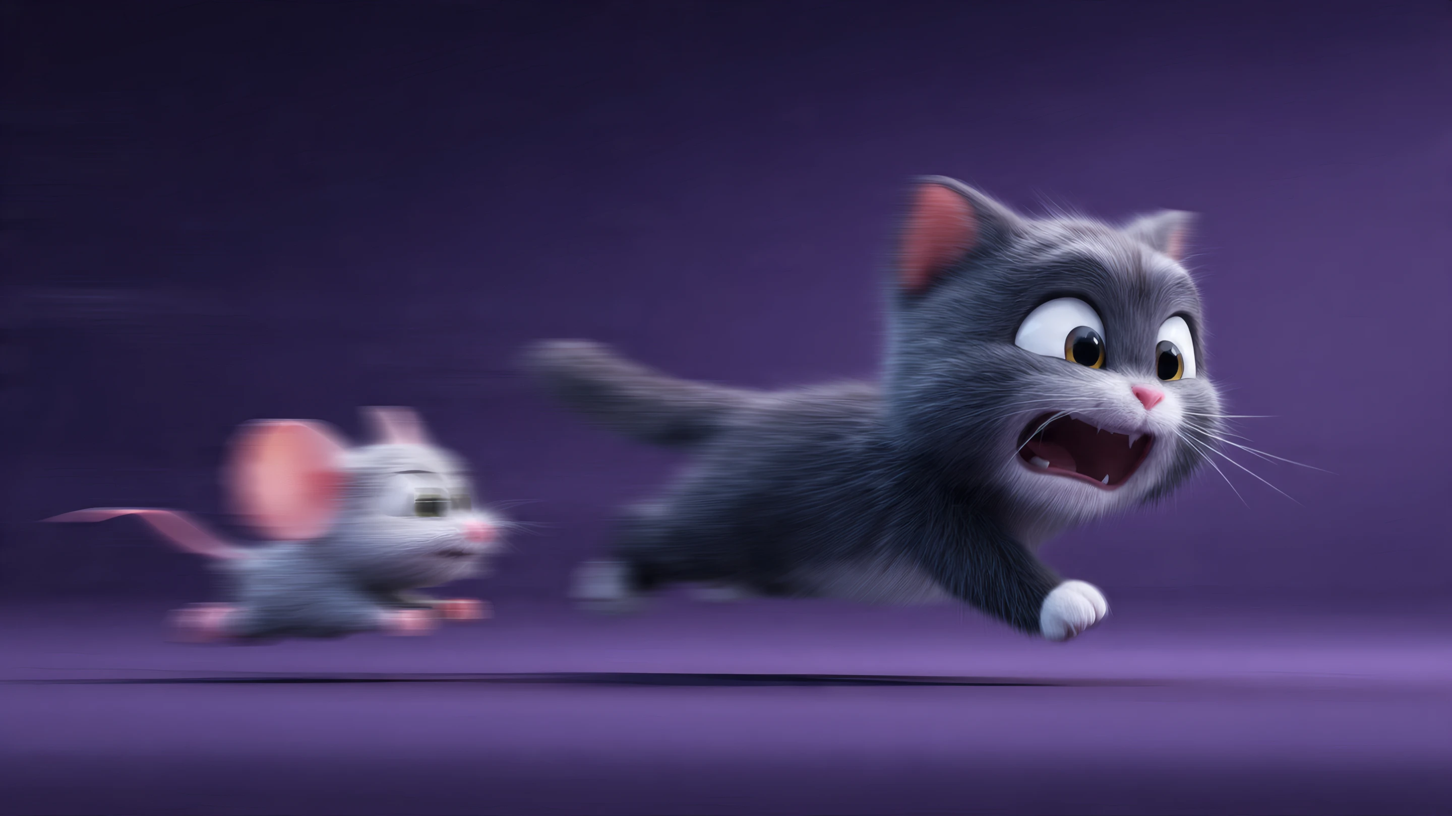 Cartoon Cat and Mouse Chase Scene on Purple Background