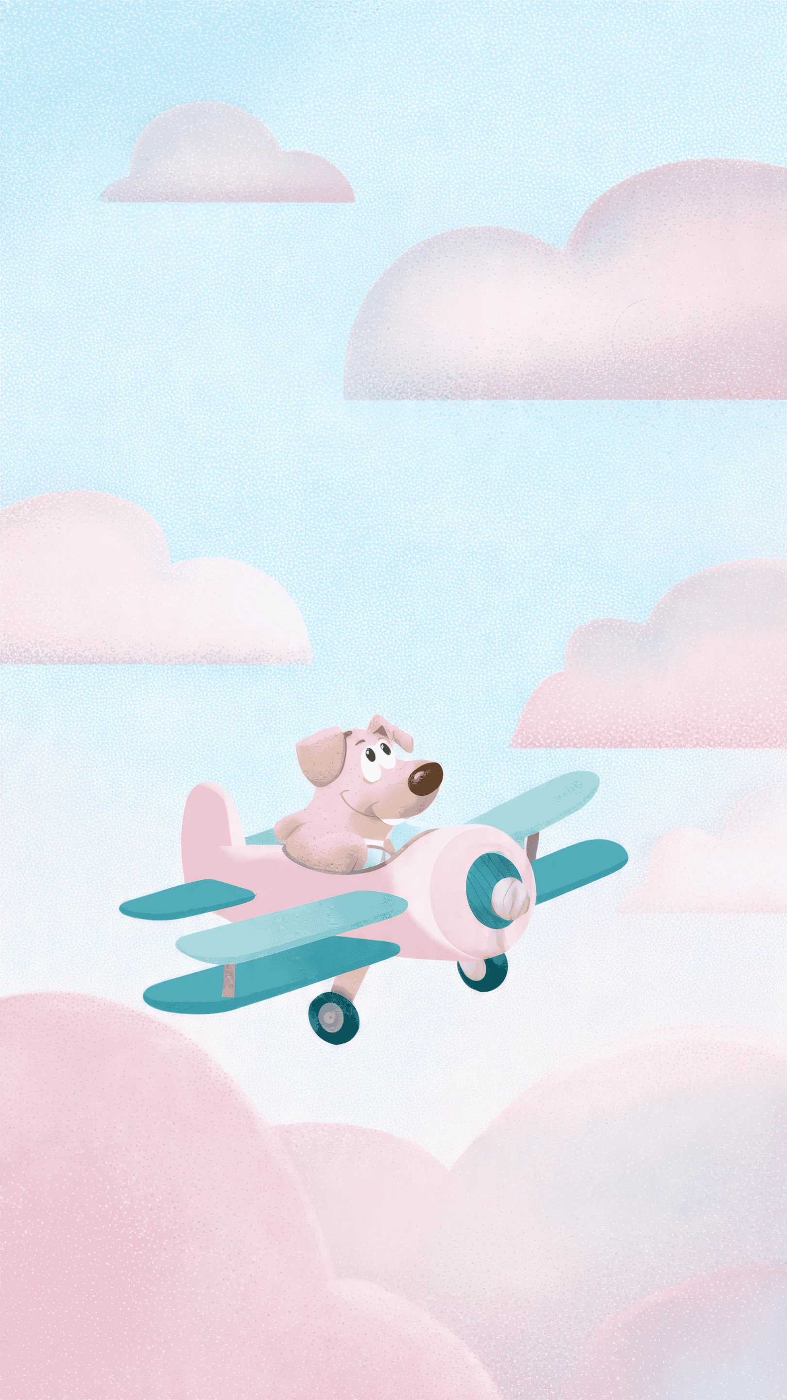 Cartoon Dog Flying a Pink Airplane in the Sky